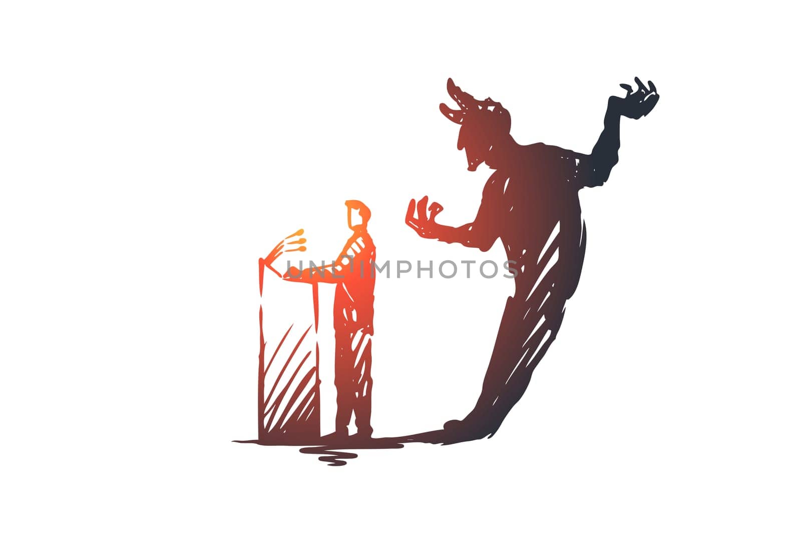 Politician, debate, elections vector concept. Politician speaking from podium with devil shadow behind. People with signs in hands taking part in rally. Hand drawn sketch isolated illustration