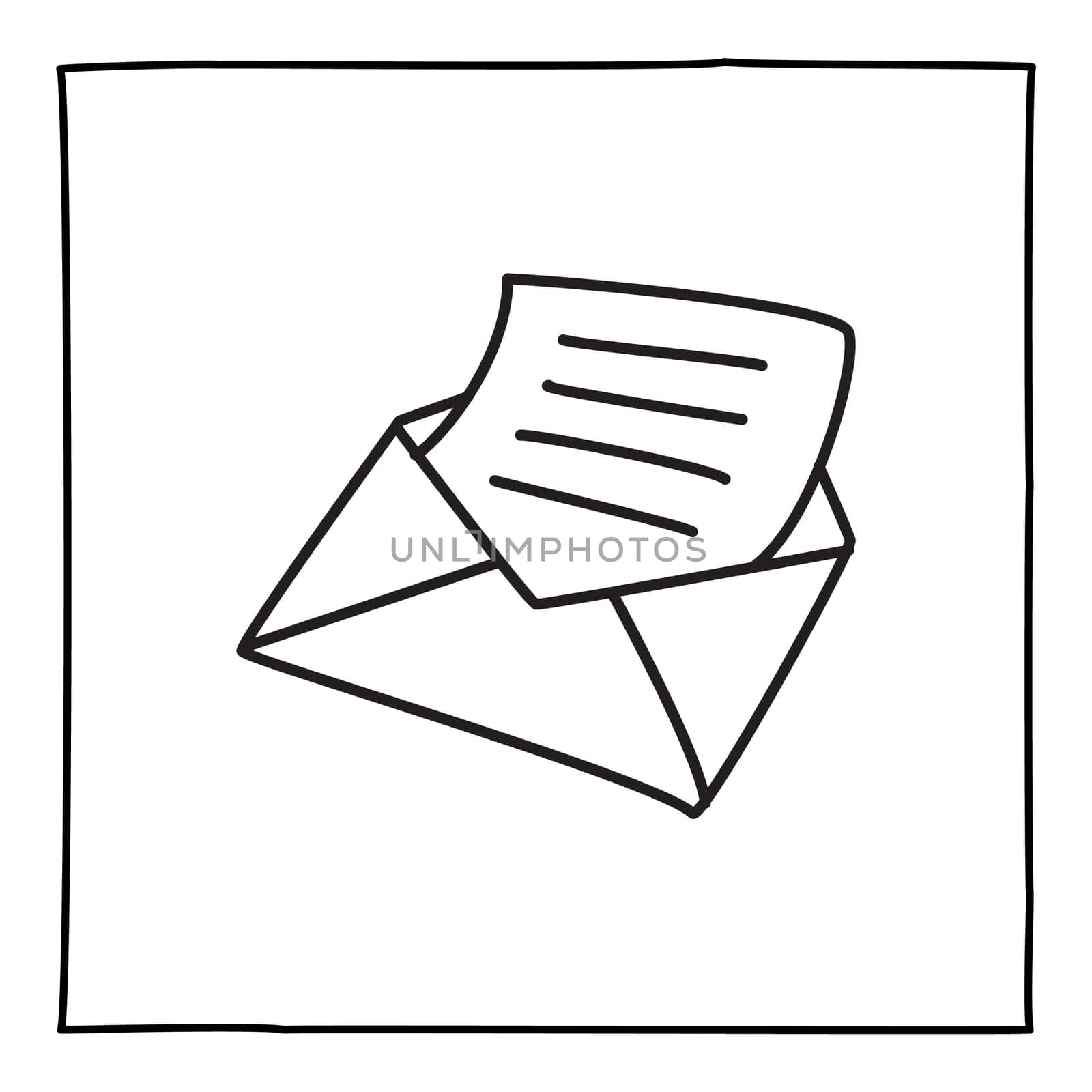 Doodle letter envelope icon or logo, hand drawn with thin black line. Isolated on white background. Vector illustration