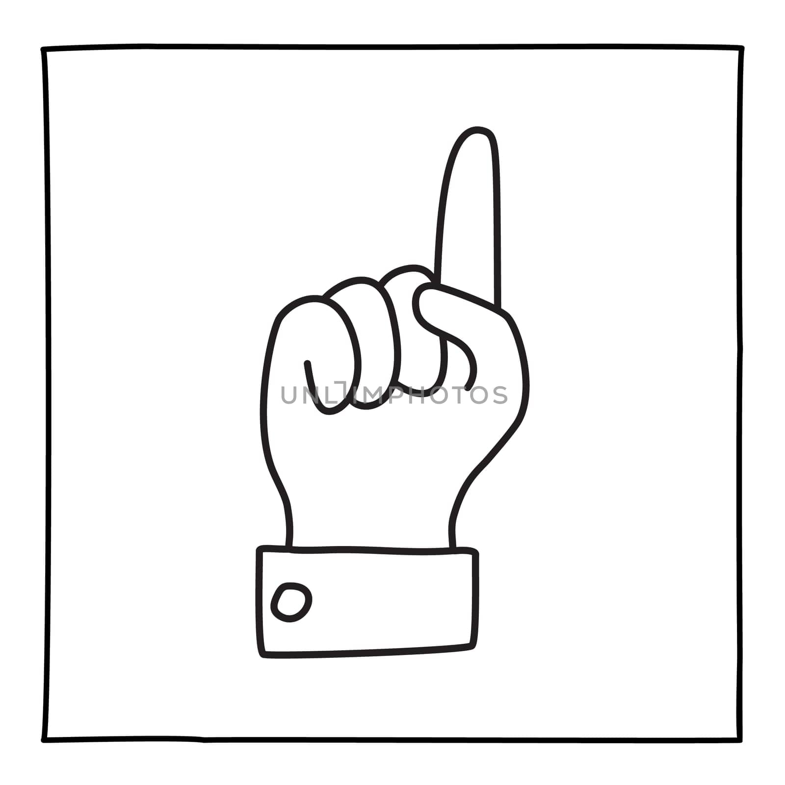 Doodle palm with finger pointing up hand drawn gesture symbol in line art style. Vector illustration