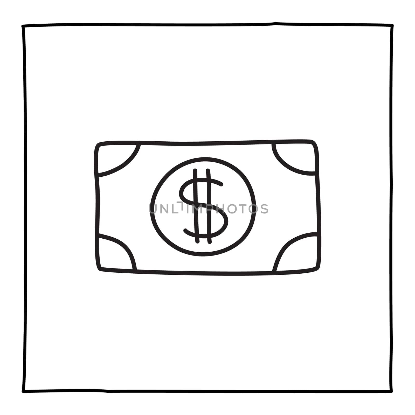 Doodle dollar bill icon or logo, hand drawn with thin black line. Isolated on white background. Vector illustration