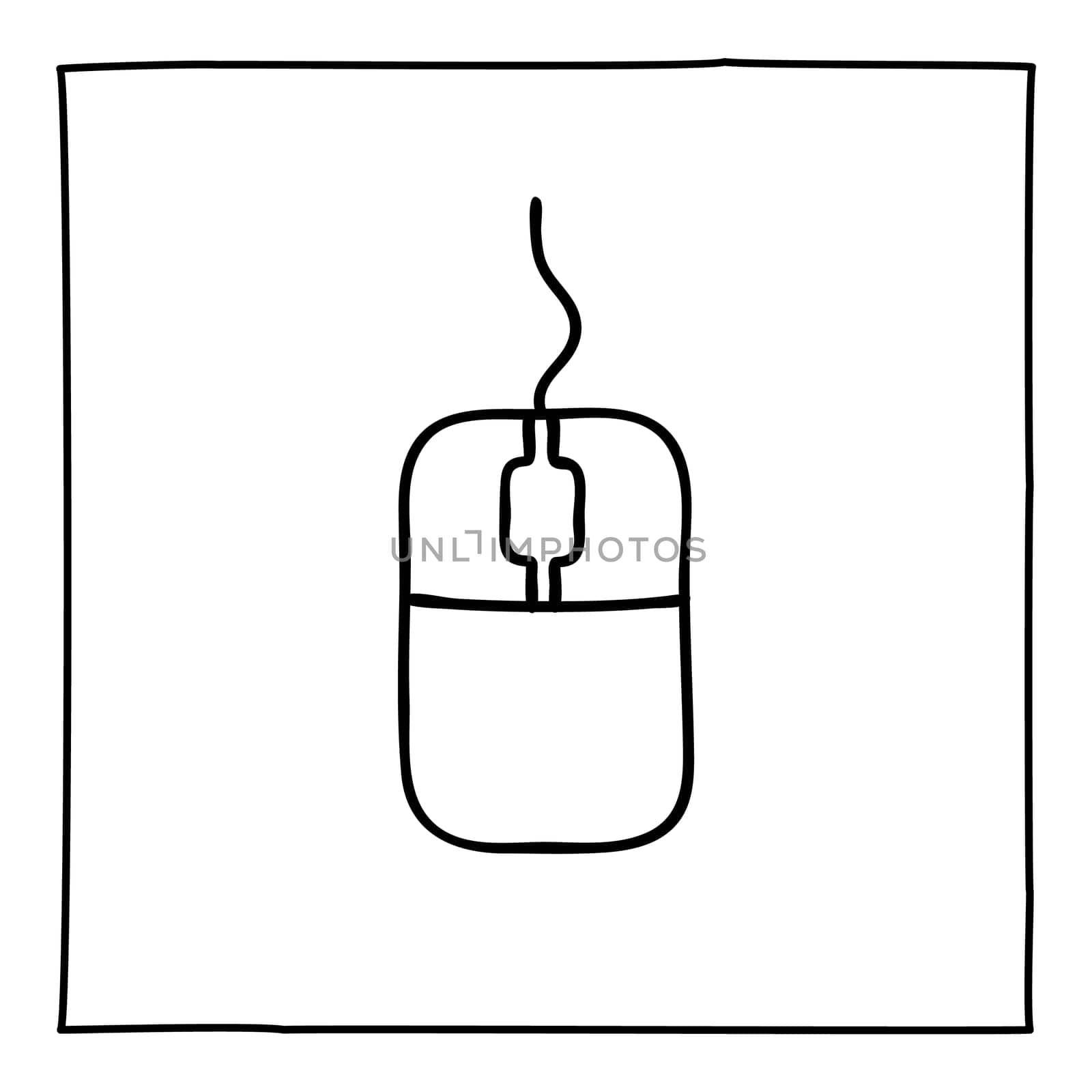 Doodle computer mouse icon or logo, hand drawn with thin black line. Isolated on white background. Vector illustration