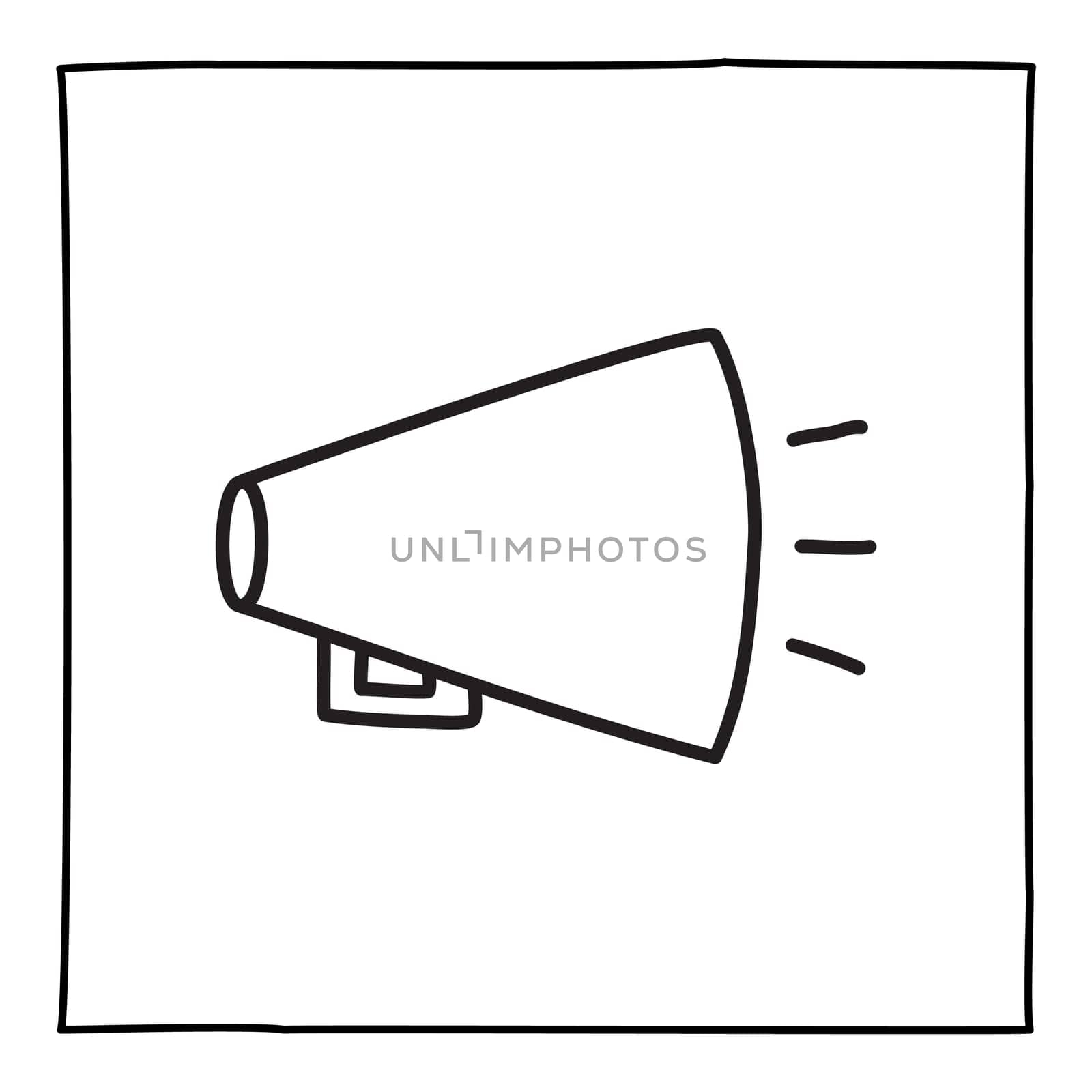 Doodle loudspeaker icon or logo, hand drawn with thin black line. Isolated on white background. Vector illustration