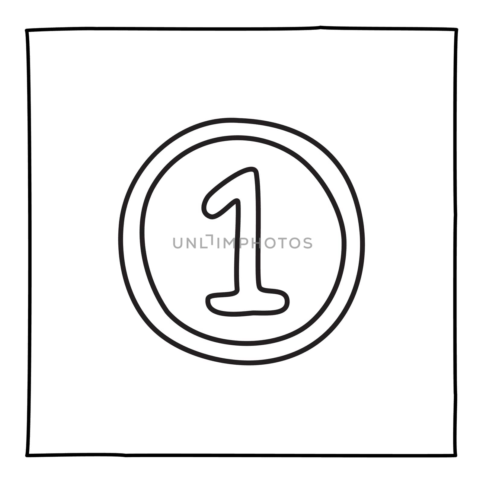 Doodle medal badge with ribbon and number 1 icon hand drawn with thin black line. Isolated on white background. Vector illustration