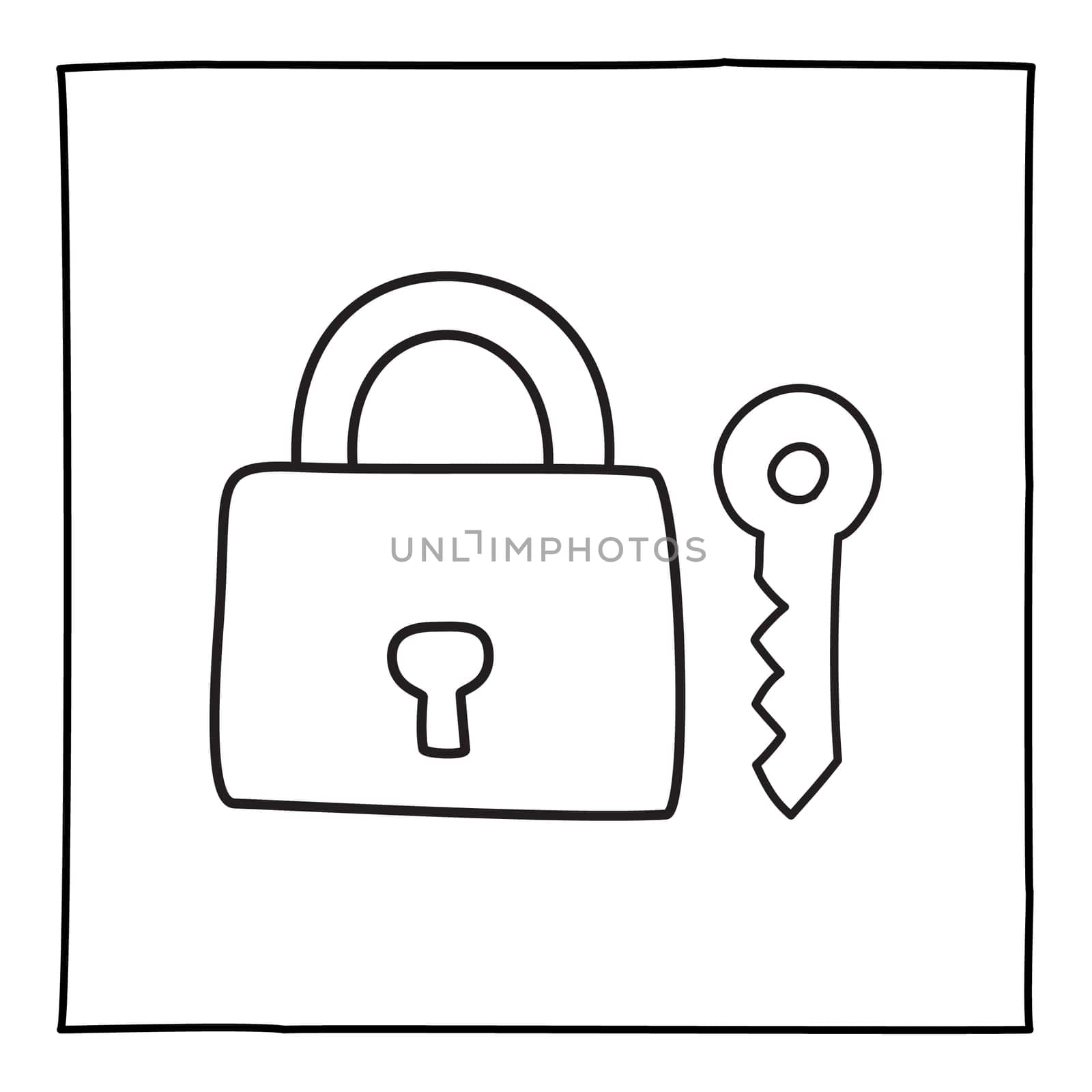 Doodle key and padlock icon or logo, hand drawn with thin black line. Graphic design element isolated on white background. Vector illustration