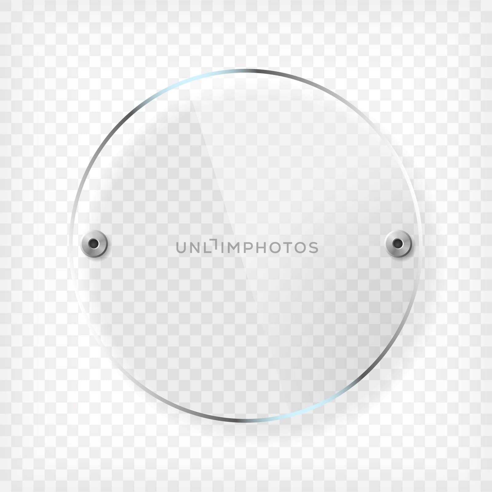 Transparent round glass plate. See through plastic banner with reflection, mounts and shadow on checkered background. Vector illustration