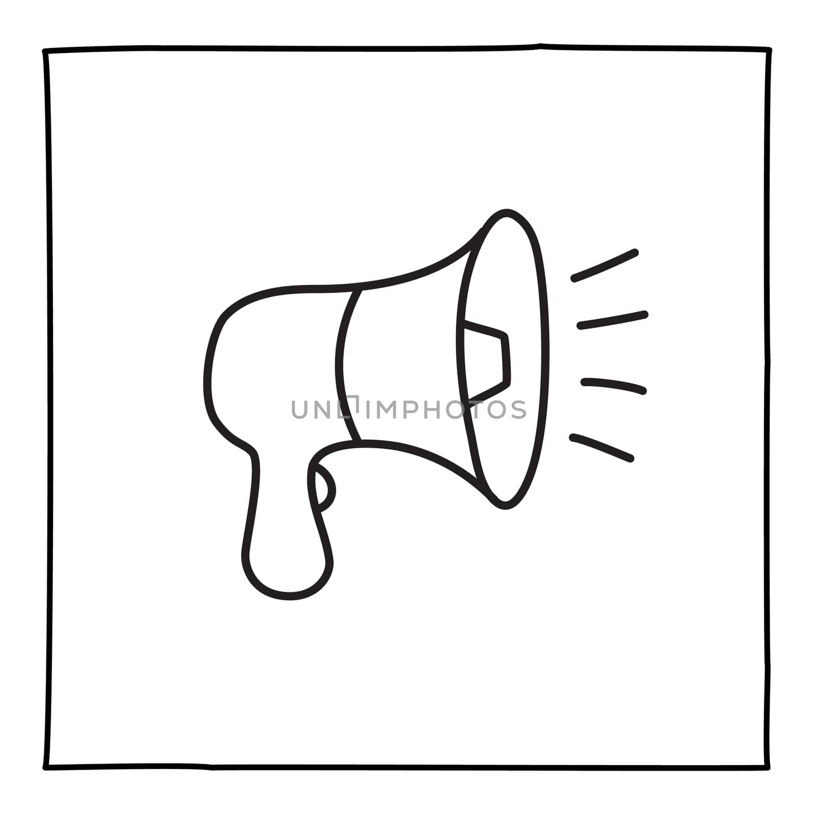 Doodle loudspeaker icon or logo, hand drawn with thin black line. Isolated on white background. Vector illustration