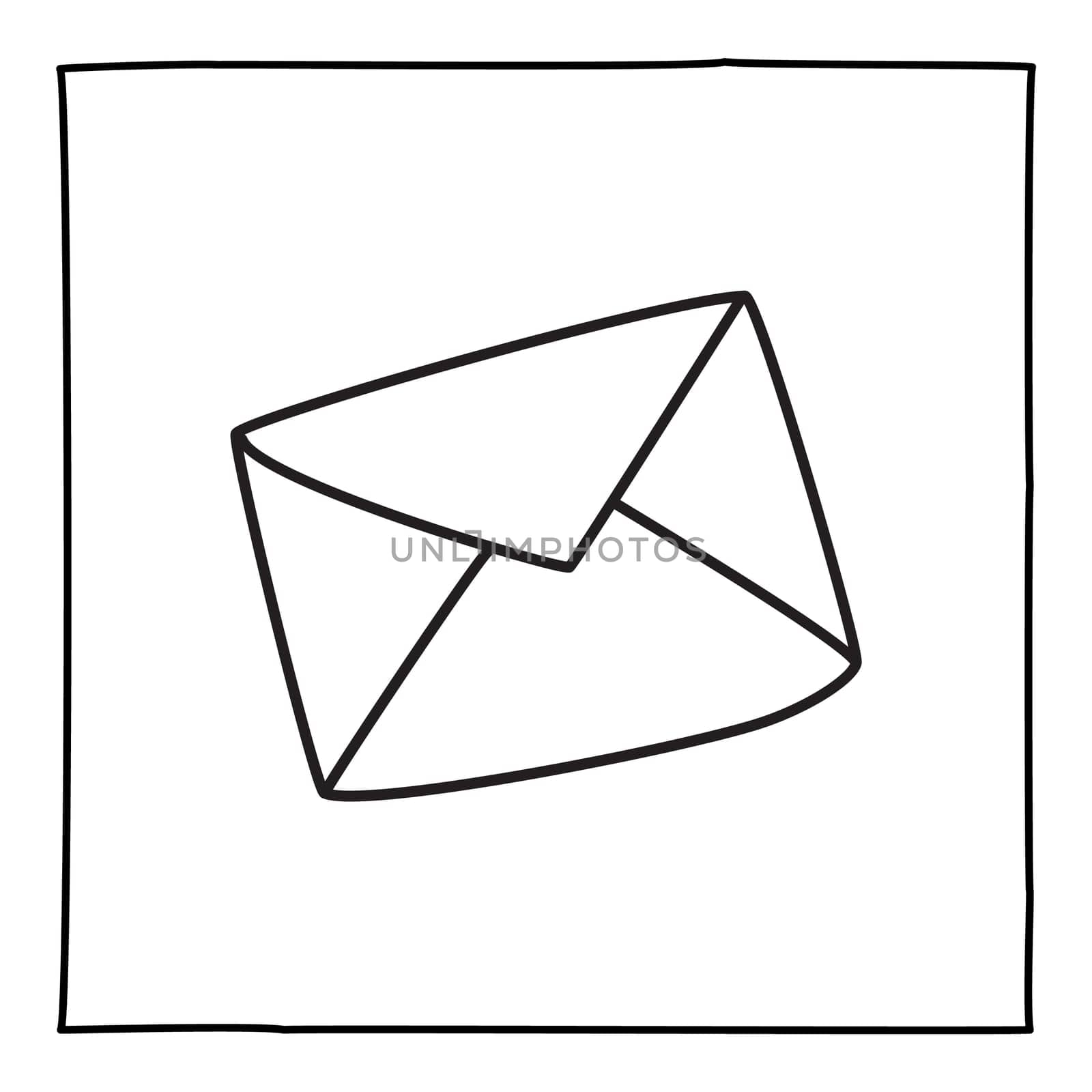Doodle letter envelope icon or logo, hand drawn with thin black line. Isolated on white background. Vector illustration