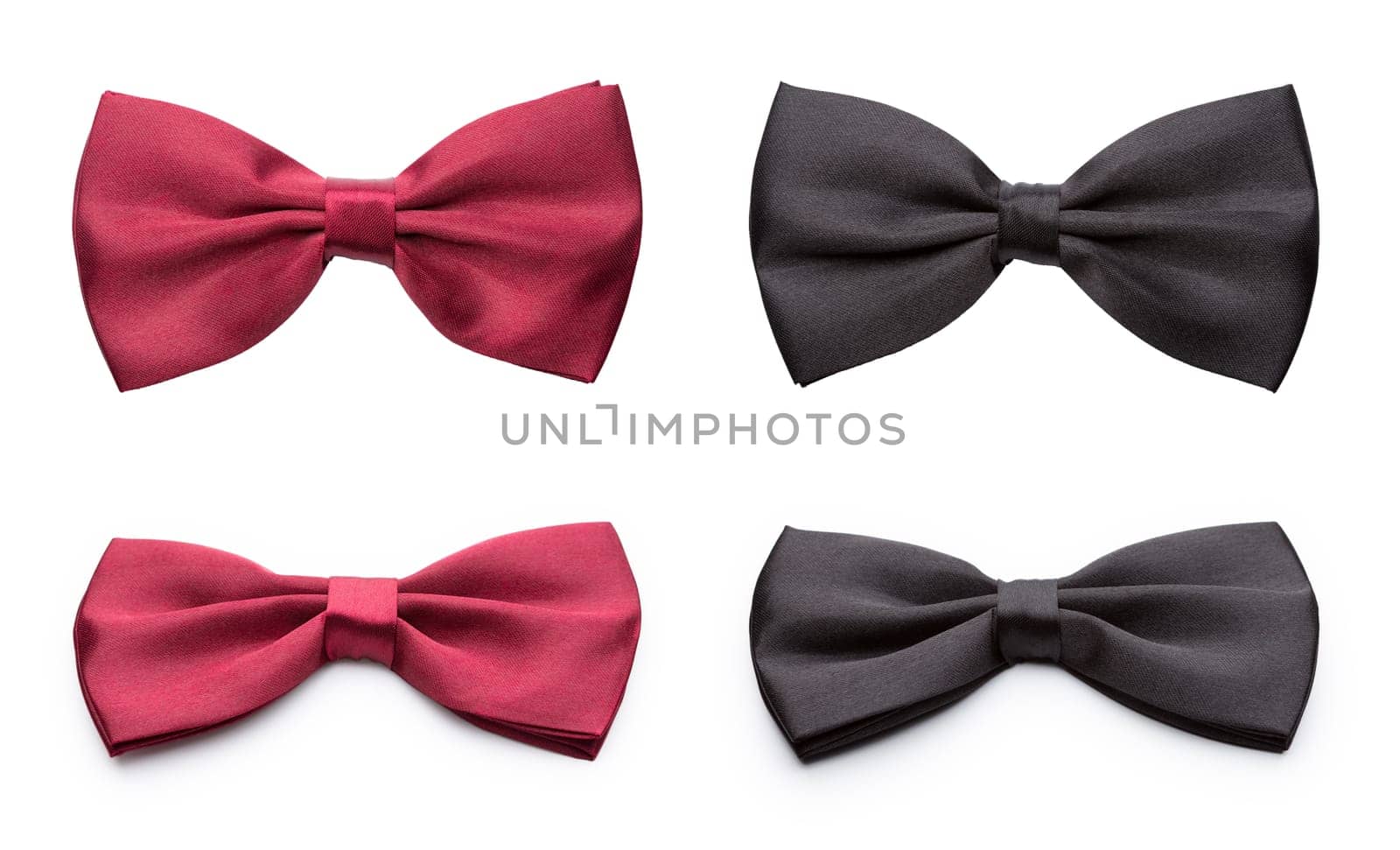 Red and black bow ties set in two different views. Isolated on white background