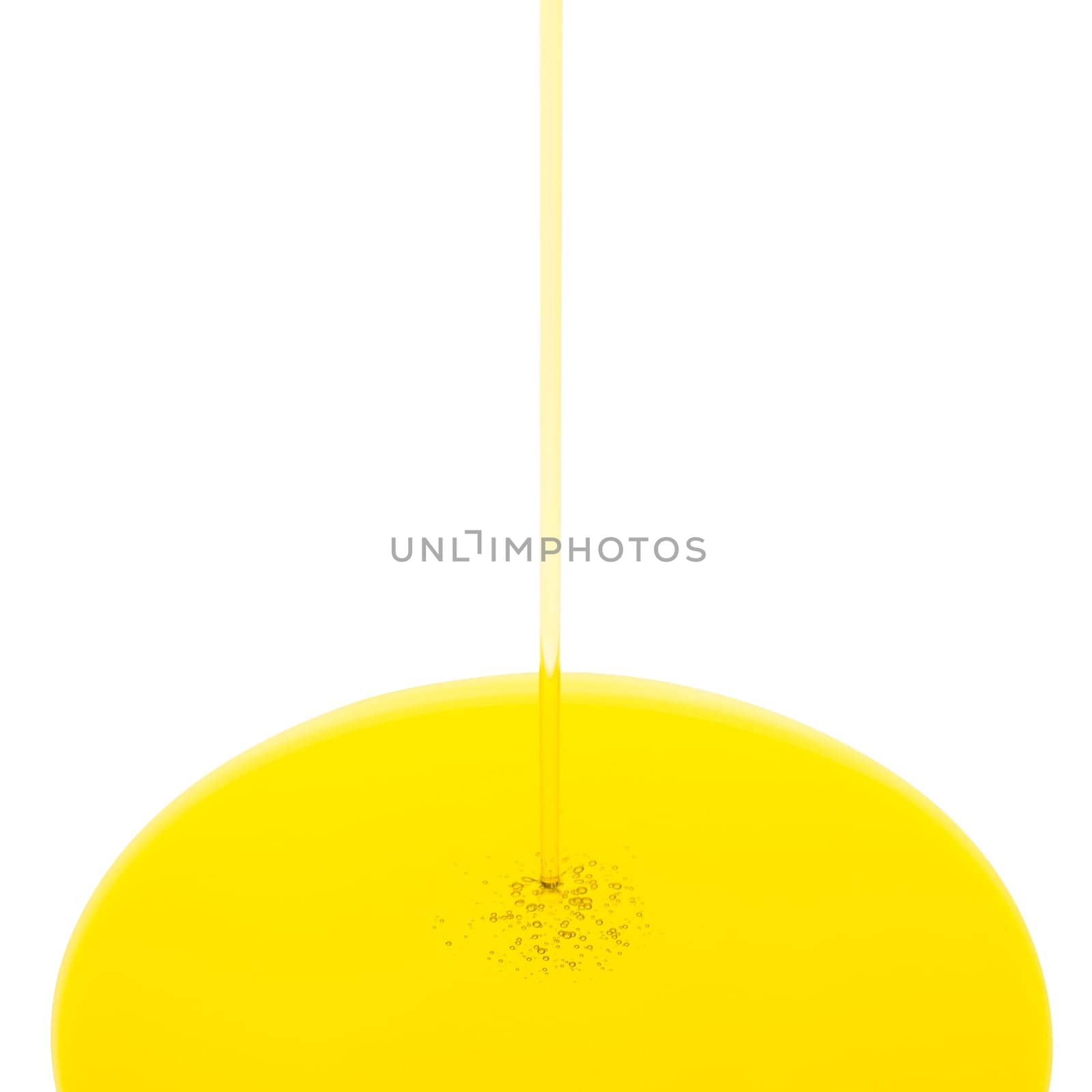 Pouring oil flow isolated on white. Circle poodle. Square format.