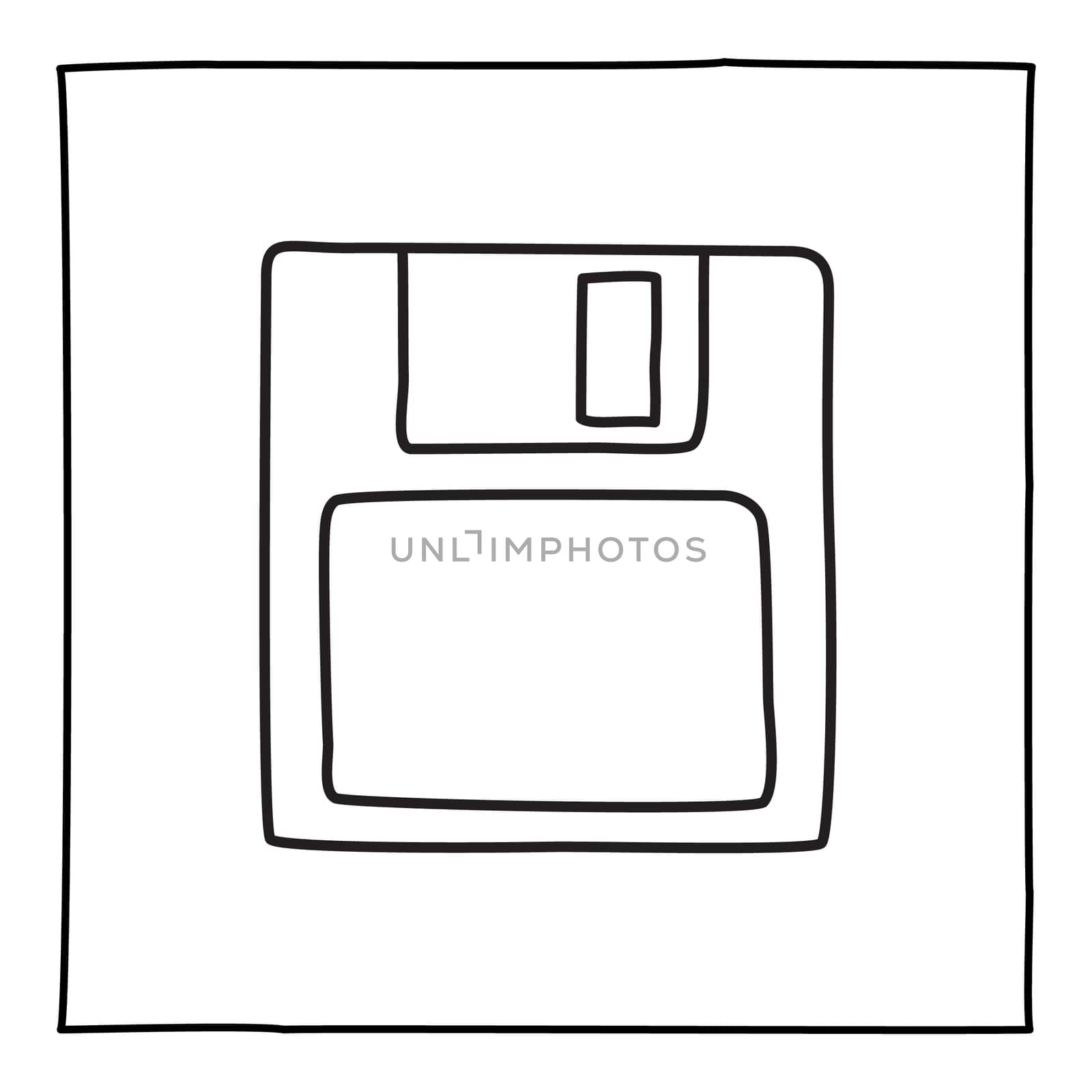 Doodle diskette save icon or logo, hand drawn with thin black line. Isolated on white background. Vector illustration