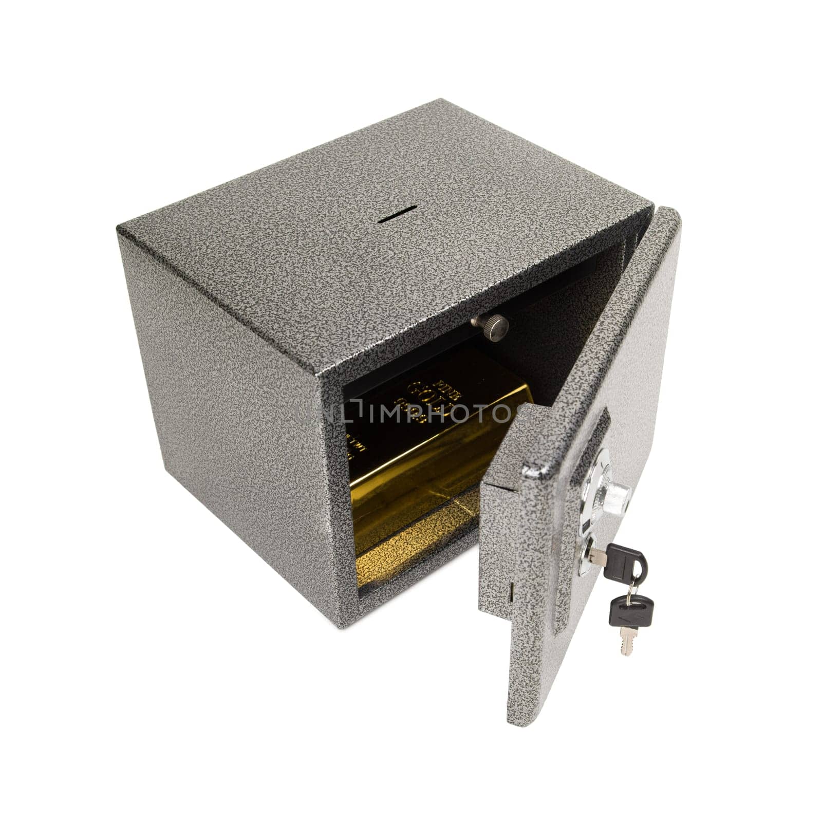 Opened safe with golden piece inside. Keeping the finances, money, gold safe concept. Isolated on white background