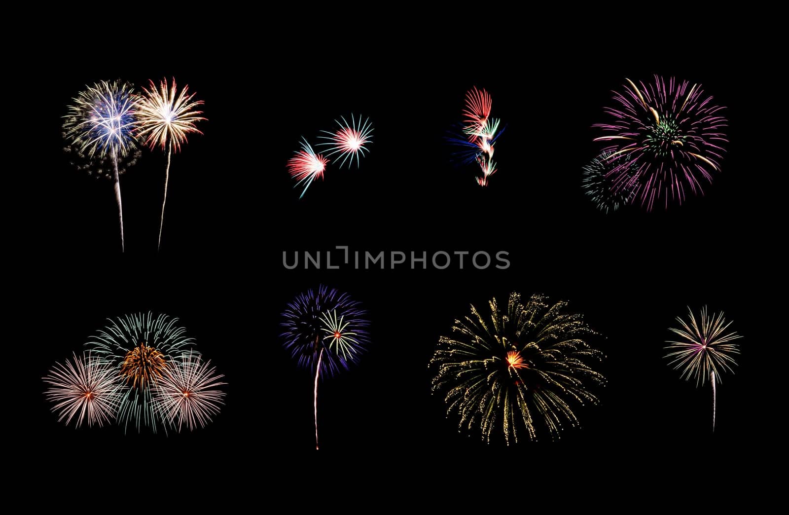 Collection of colorful festive eight fireworks exploding over night sky, isolated on black background