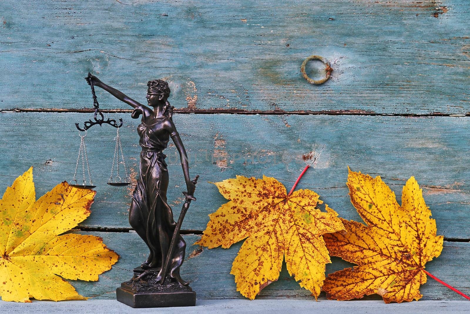 Liability for accidents with leaves in autumn. Justitia figure with leaves