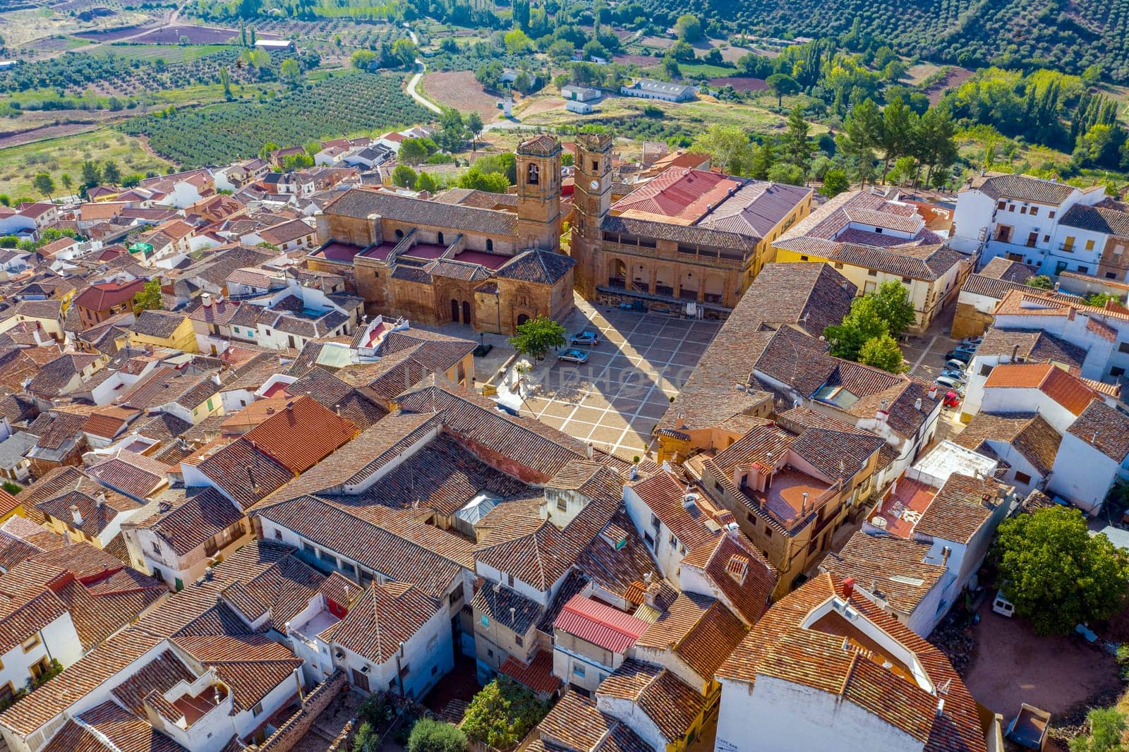 RenaissanceSquare in Alcaraz called Plaza Mayor with the Tardon and the Trinidad Towers. Albacete Spain