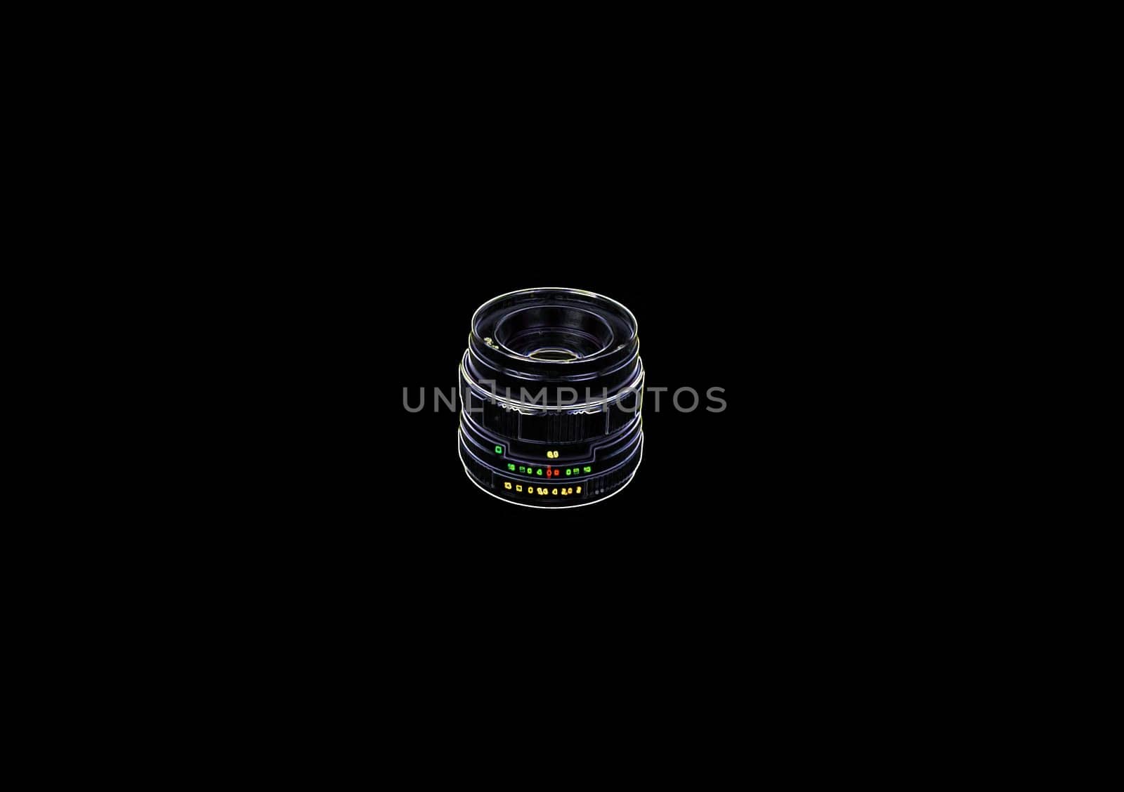 Illustration of an old camera lens. Retro lens. The work of a photographer. Painting with light. Abstract illustration. Background image. Aperture and focus.