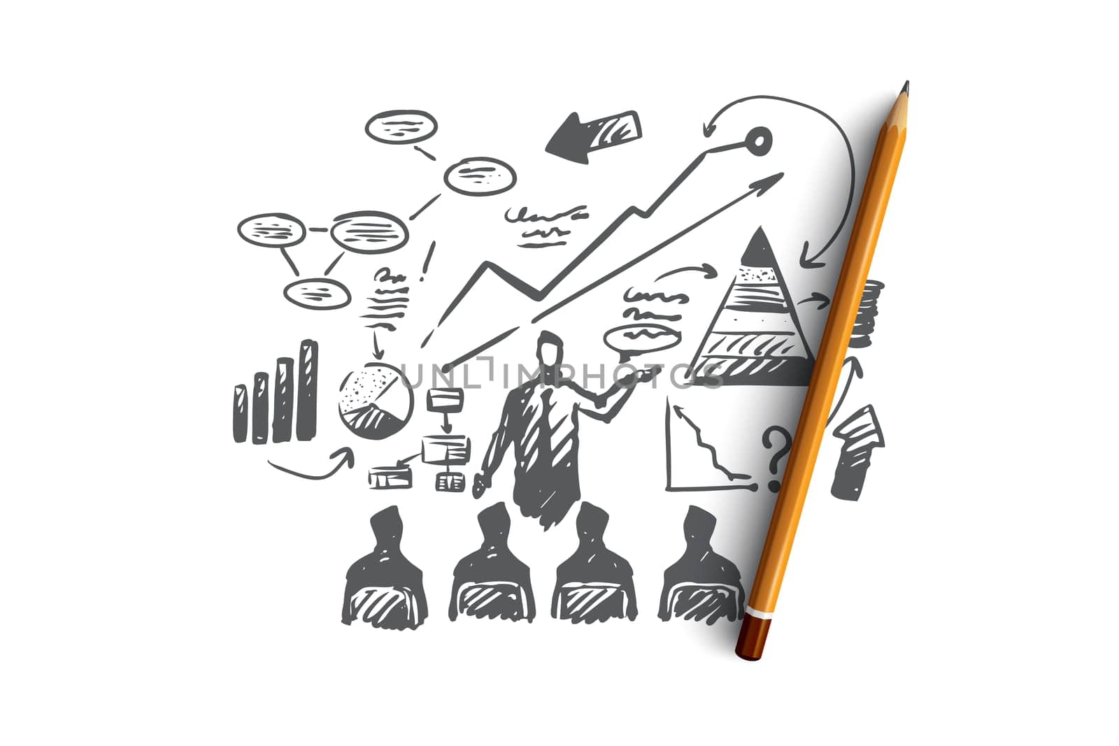 Business presentation vector concept. Businessman showing his presentation to audience. Hand drawn sketch isolated illustration