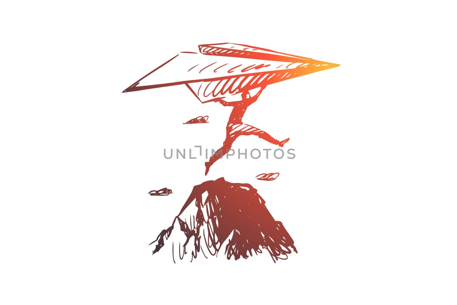 Start-up, inventor vector concept. Businessman with paper airplane jumping on rocks. Hand drawn sketch isolated illustration