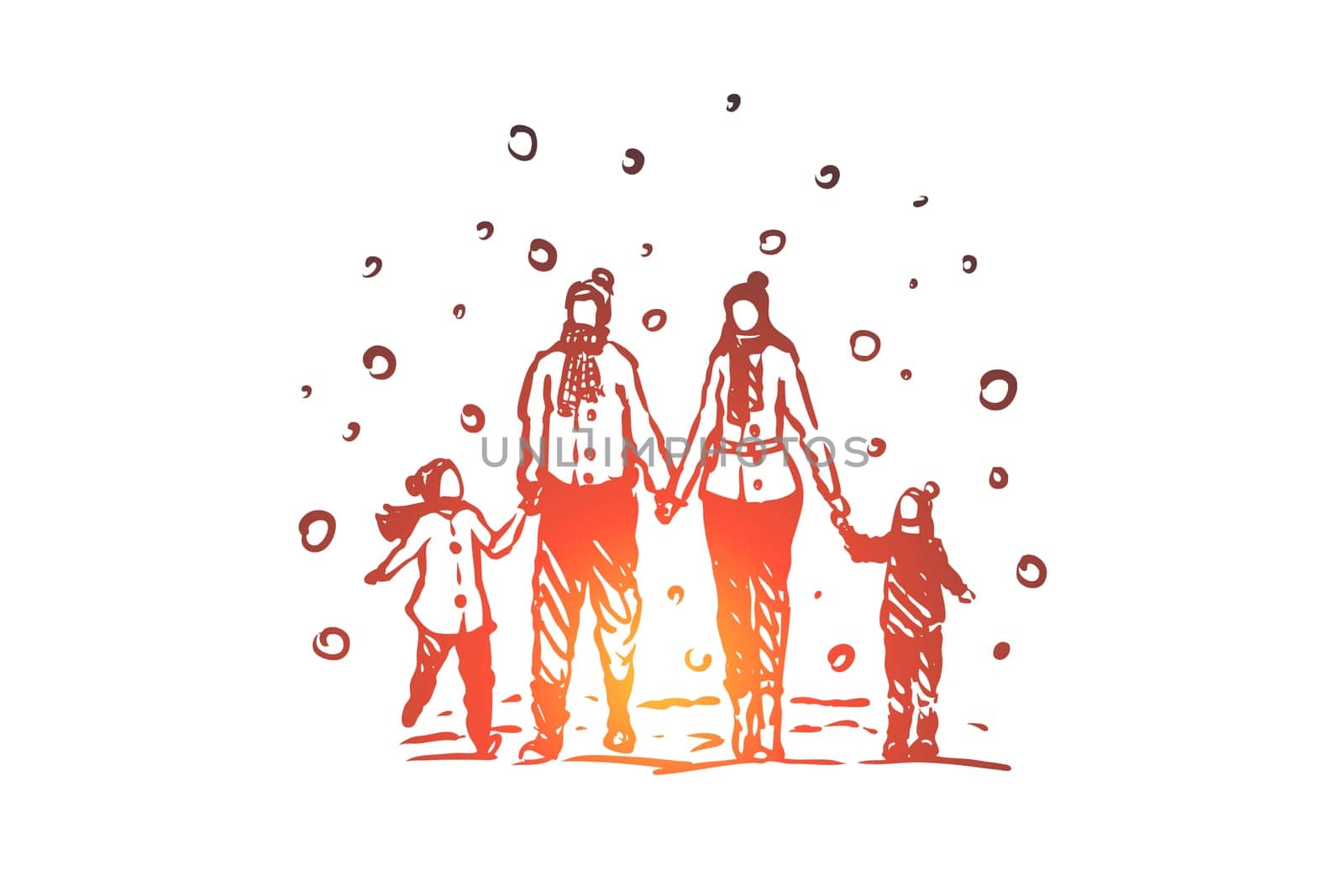 Family, togetherness, winter, Christmas happiness vector concept. Parents and two children walking on snowy weather in winter and holding hands. Hand drawn sketch isolated illustration