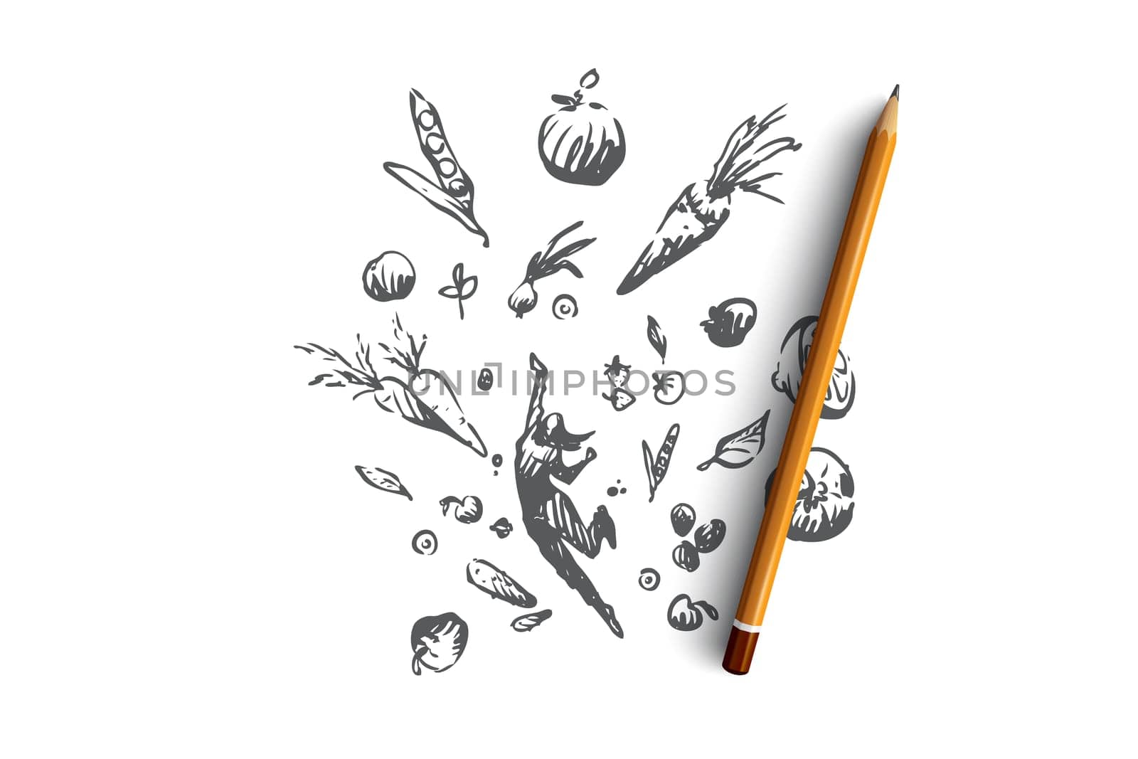 Vegetarianism, vegetarian healthy lifestyle, clean eating vector concept. Woman flying up surrounded by fresh vegetable and fruit ingredients. Hand drawn sketch isolated illustration