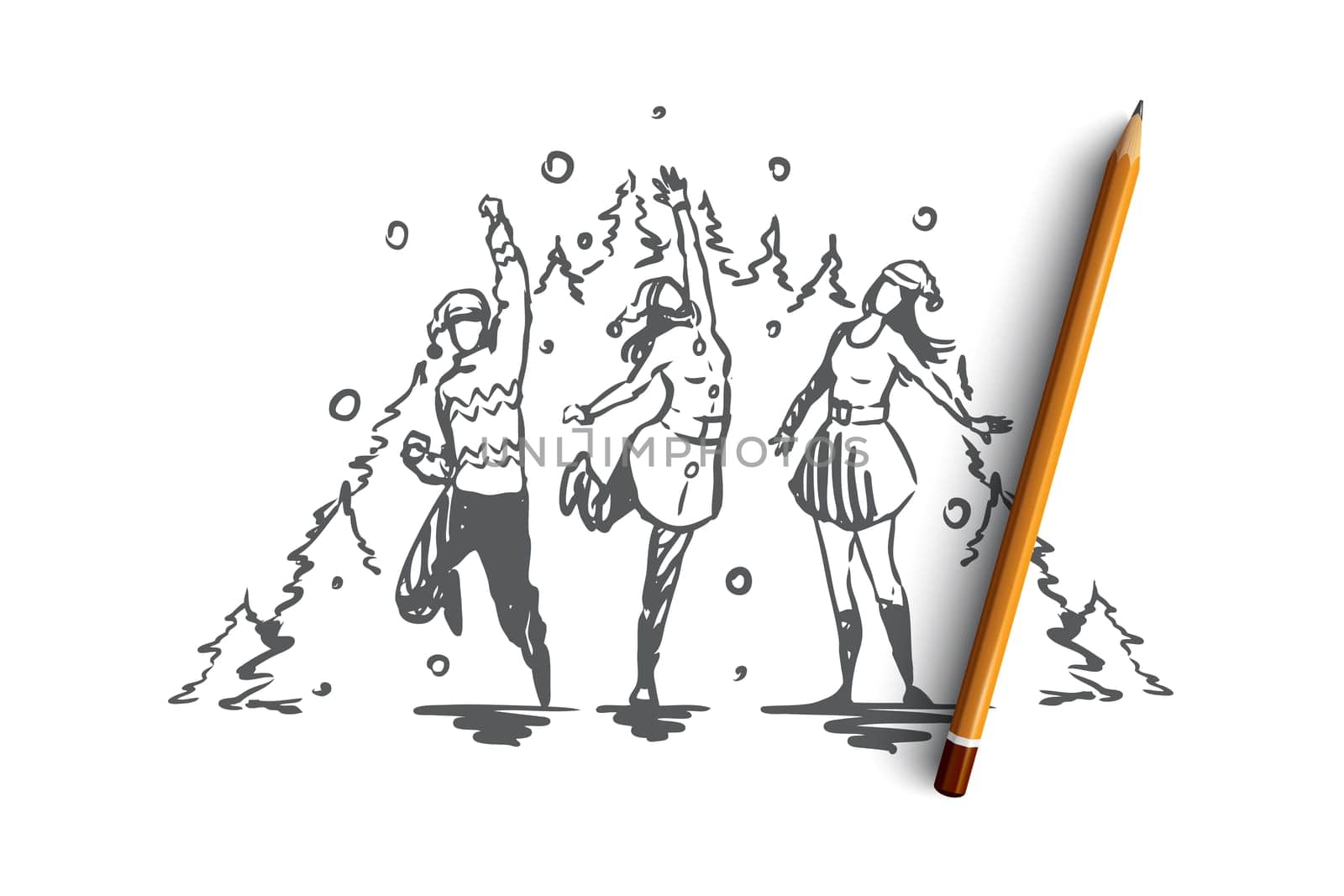Christmas, New Year, celebrating with friends vector concept. Group of friends celebrating holiday and having fun together. Hand drawn sketch isolated illustration