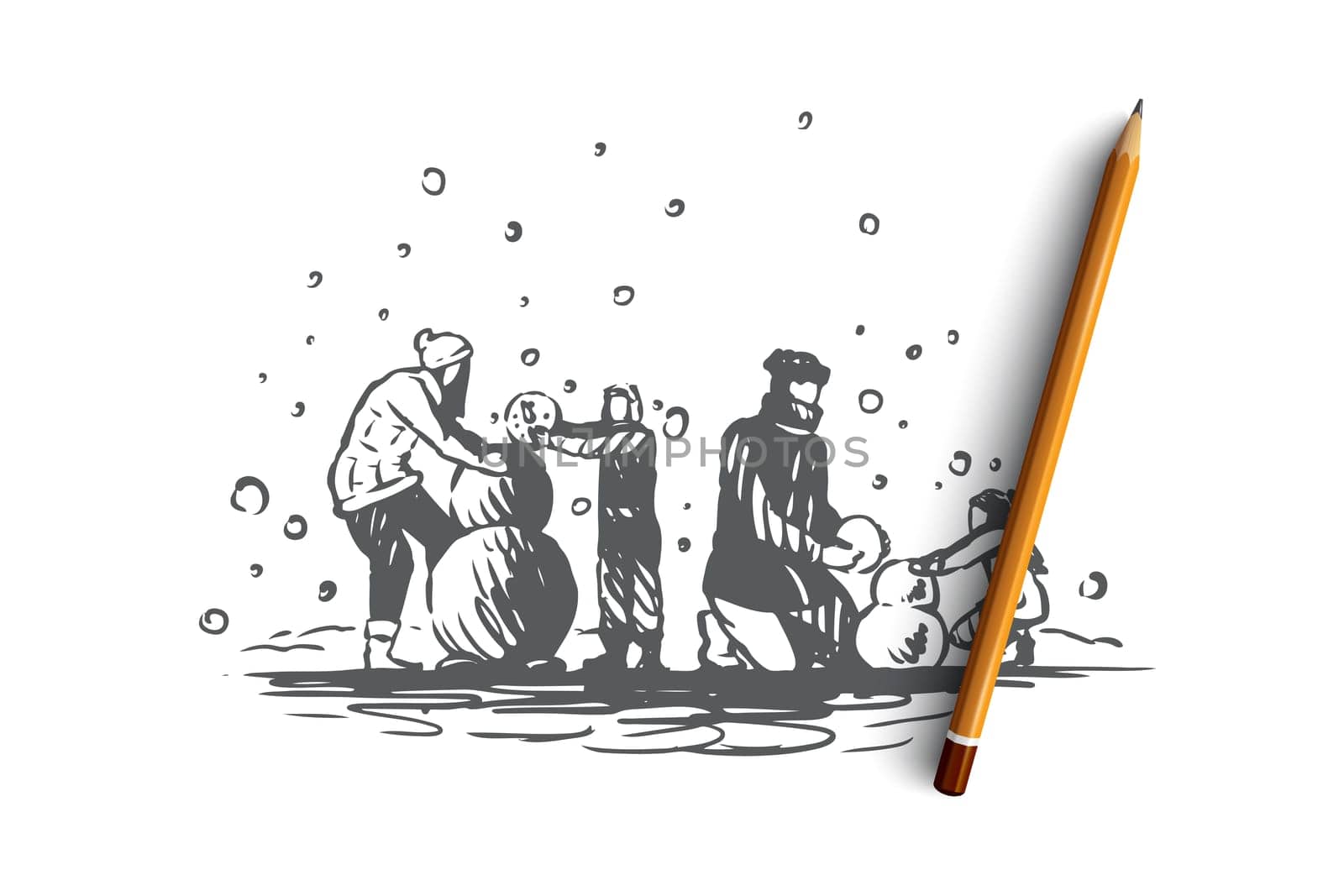 Family, togetherness, winter, Christmas happiness vector concept. Parents and two children build a snowman. Hand drawn sketch isolated illustration