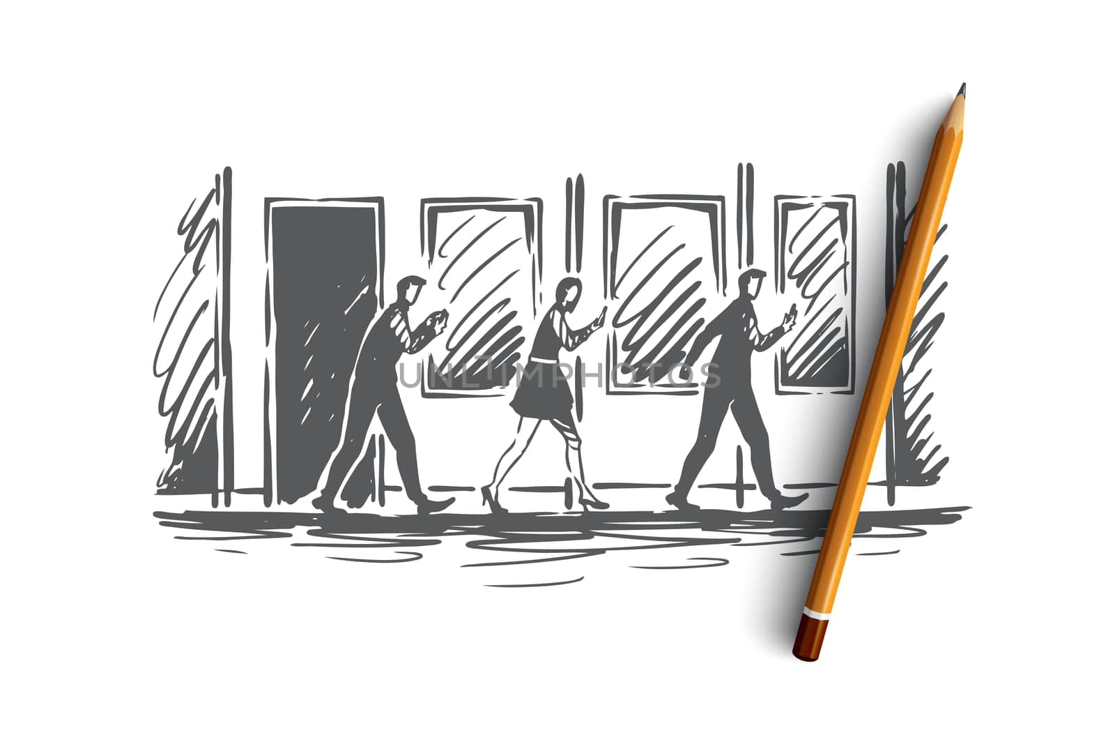 Gadgets addiction concept. People watch online in phones in the city. Hand drawn sketch isolated illustration