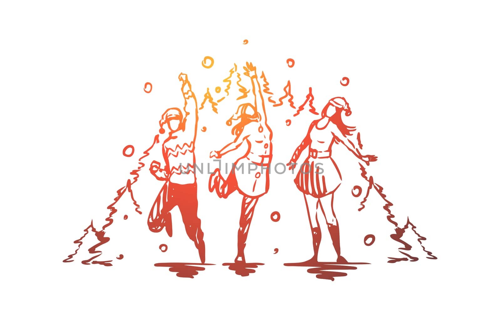 Christmas, New Year, celebrating with friends vector concept. Group of friends celebrating holiday and having fun together. Hand drawn sketch isolated illustration