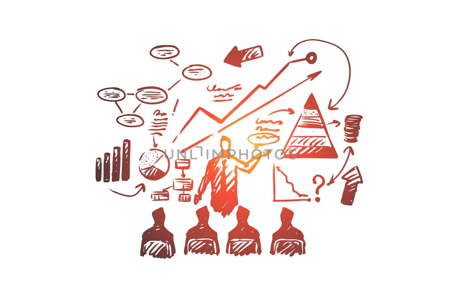 Business presentation vector concept. Businessman showing his presentation to audience. Hand drawn sketch isolated illustration