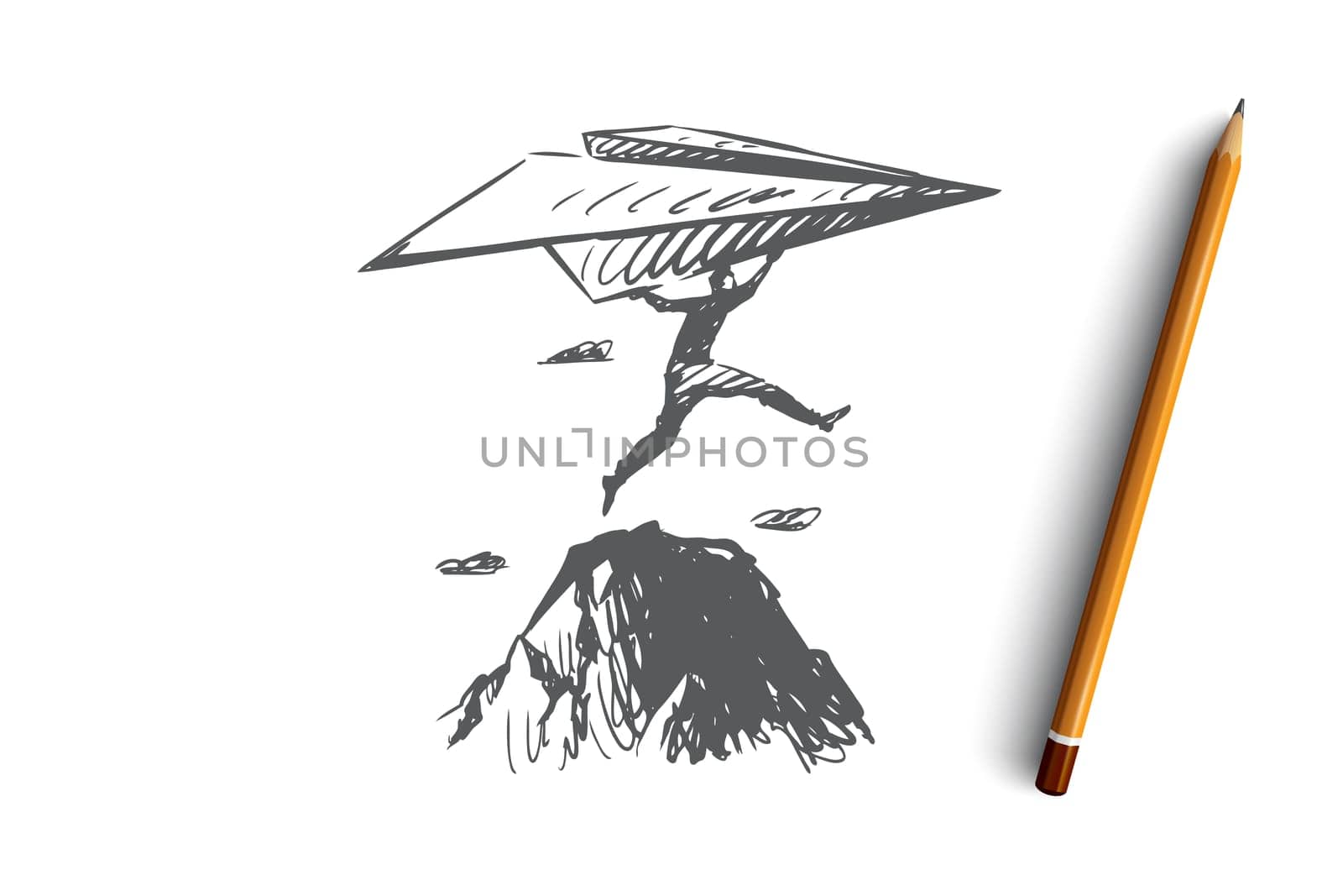 Start-up, inventor vector concept. Businessman with paper airplane jumping on rocks. Hand drawn sketch isolated illustration