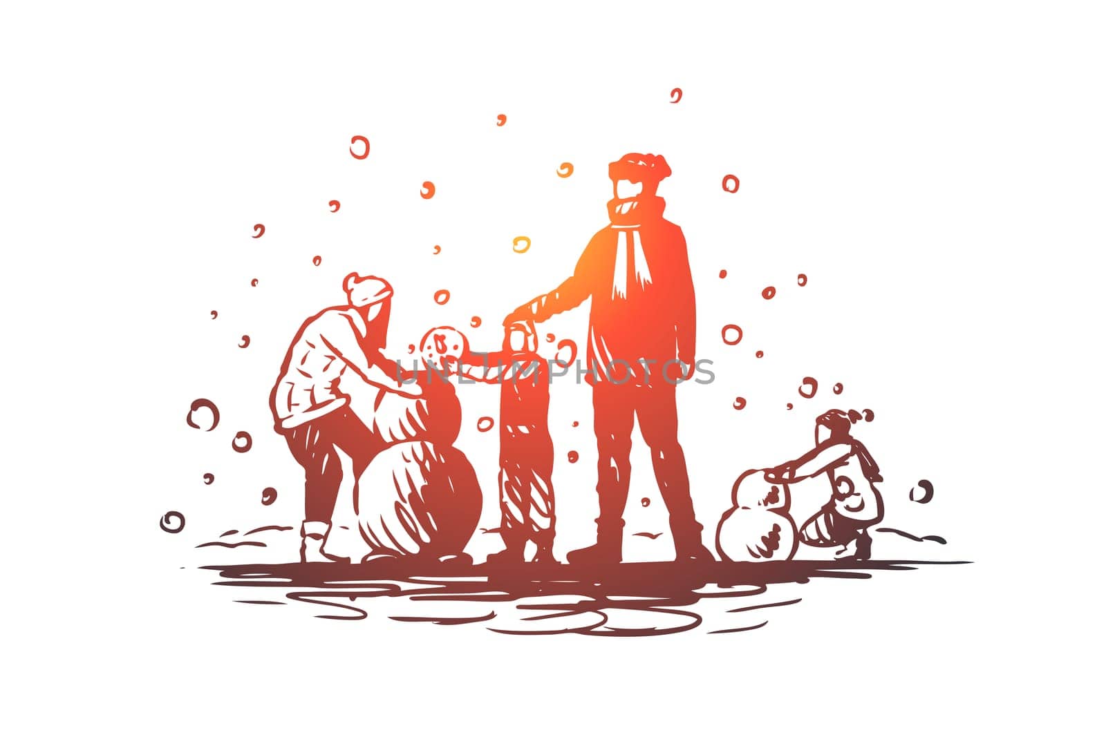Family, togetherness, winter, Christmas happiness vector concept. Parents and two children build a snowman. Hand drawn sketch isolated illustration