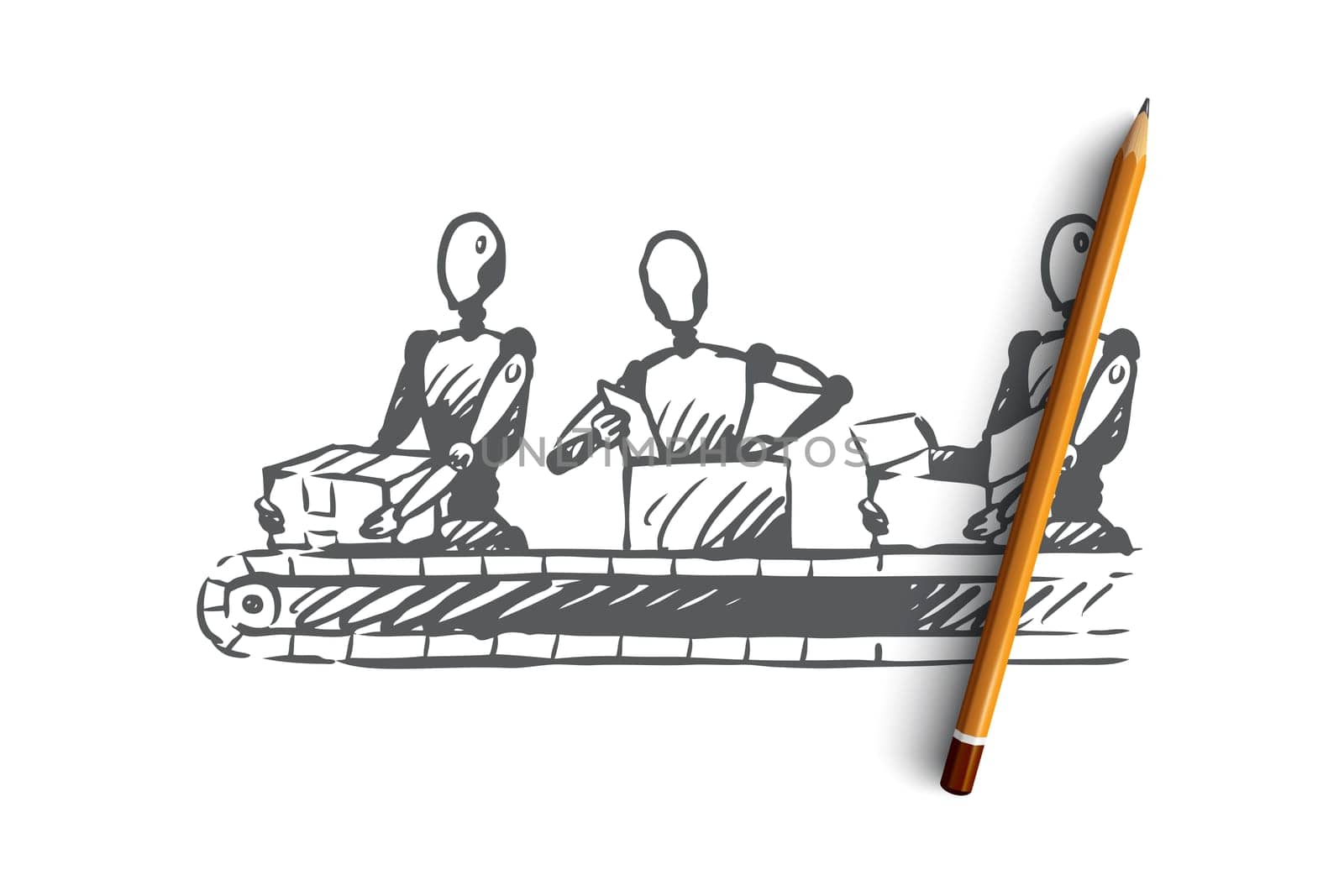 Artificial intelligence vector concept. Robots packing boxes on production. Hand drawn sketch isolated illustration