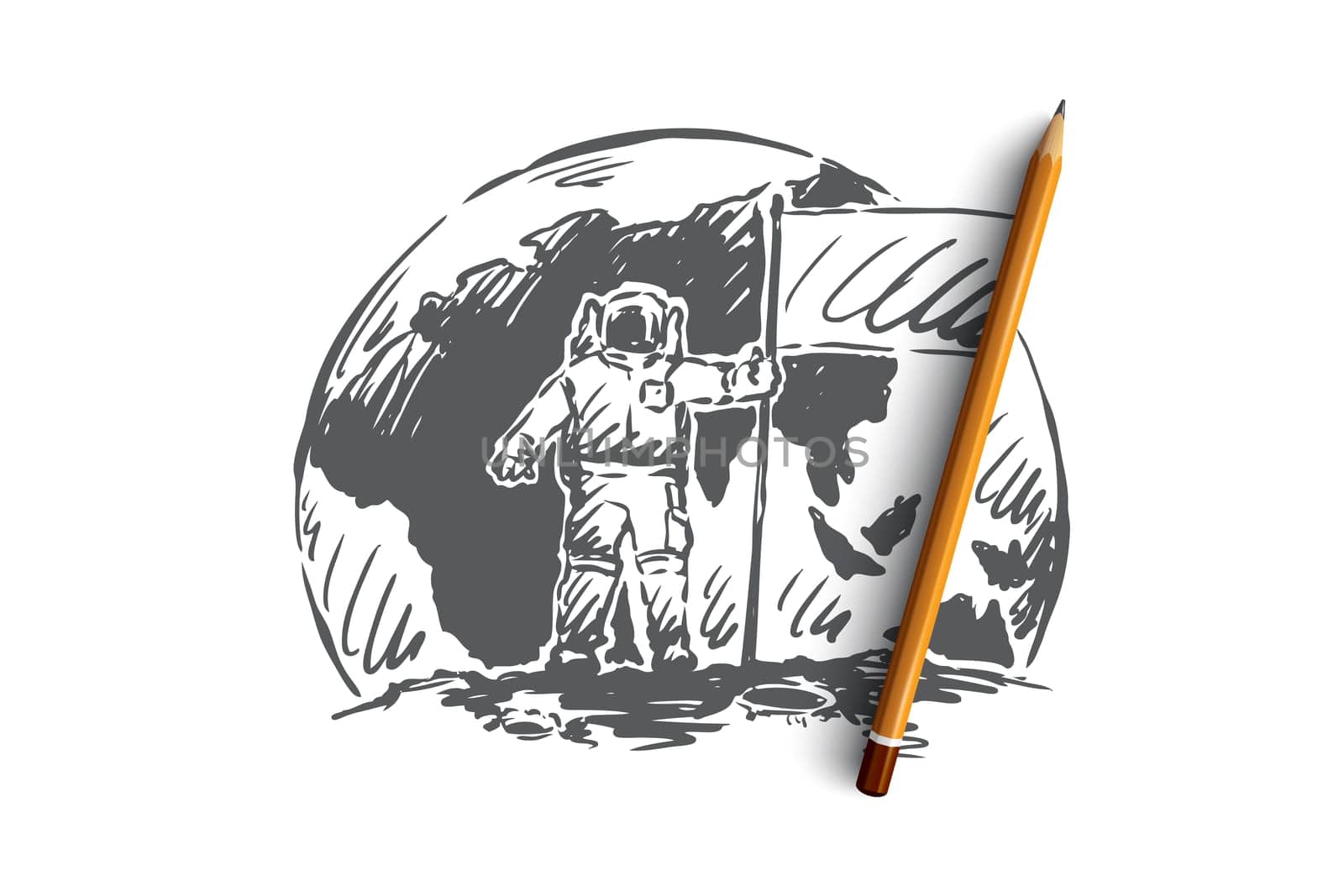 Start-up, leadership, astronaut vector concept. First man on Moon with flag. Hand drawn sketch isolated illustration