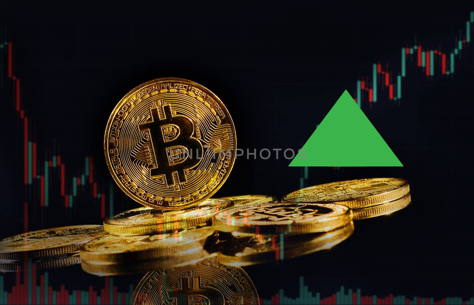 Leader cryptocurrency Bitcoin BTC go up in trading. Golden coins with bitcoin logo rise in bull market. Price of decentralized digital currency is growing up. Electronic money on black background