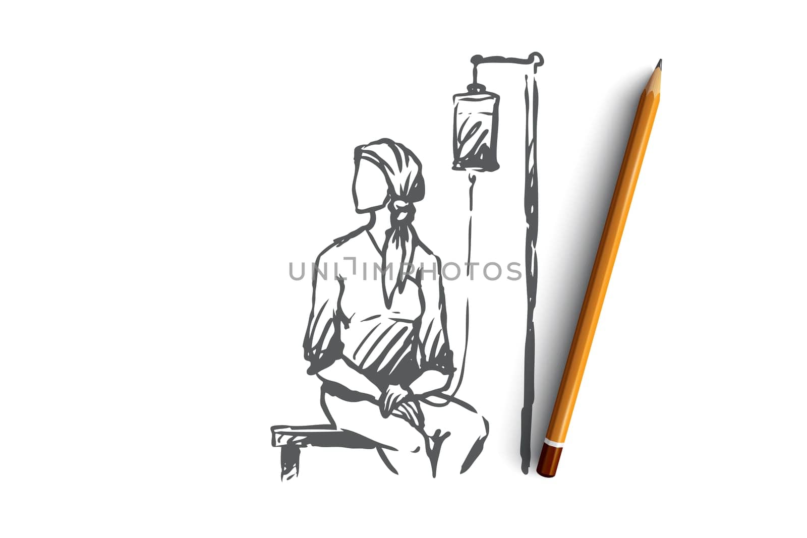 Oncology, disease vector concept. Woman in headscarf sitting under drip in hospital. Hand drawn sketch isolated illustration
