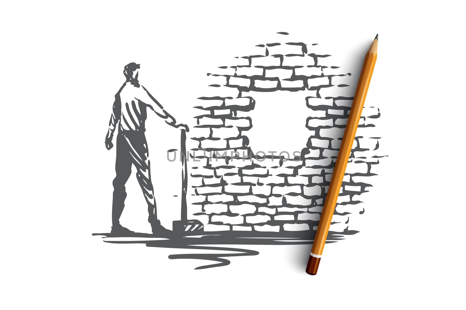Overcoming, aim, goal, achievement vector concept. Man with showel standing and looking at hole in brick wall. Hand drawn sketch isolated illustration