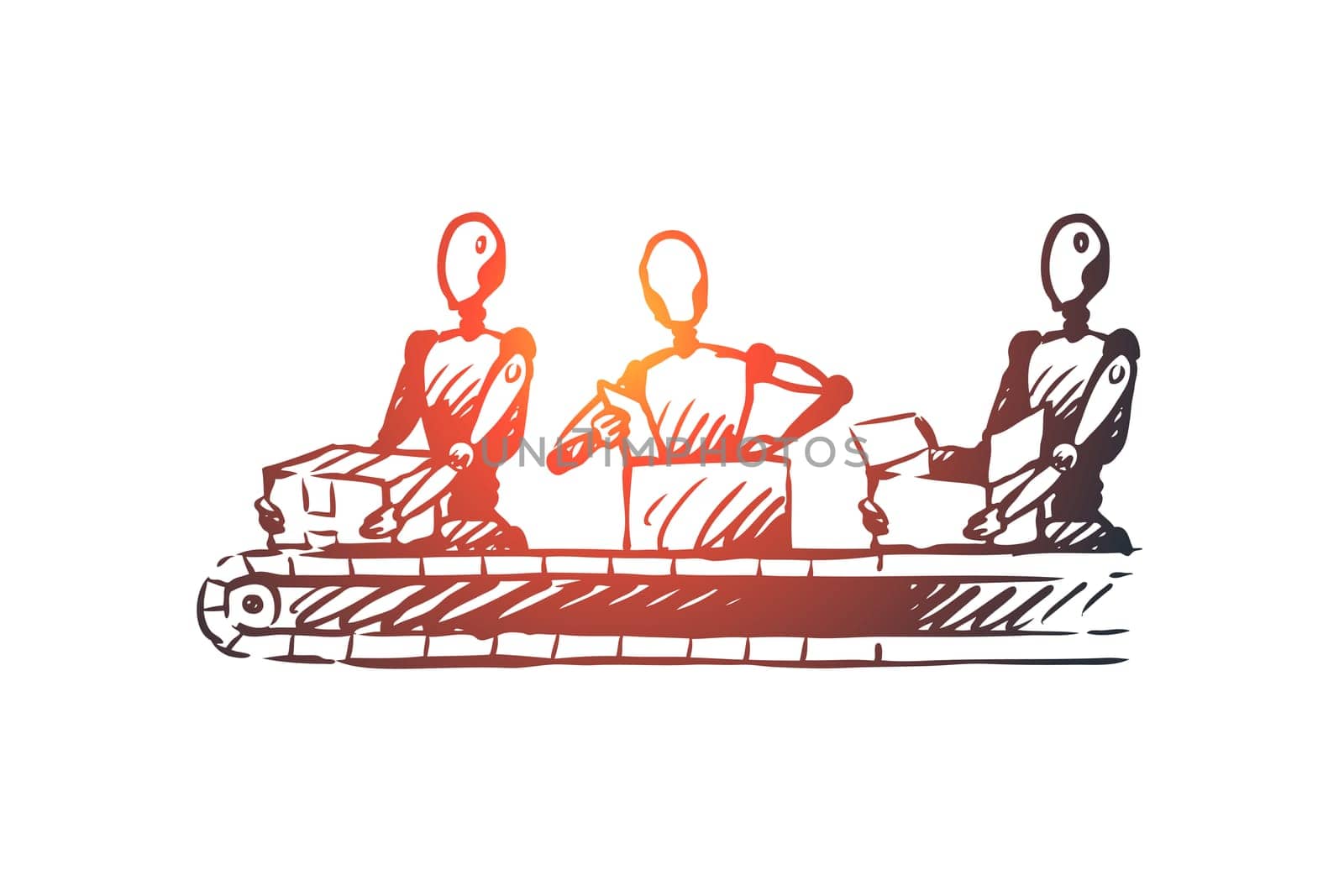 Artificial intelligence vector concept. Robots packing boxes on production. Hand drawn sketch isolated illustration
