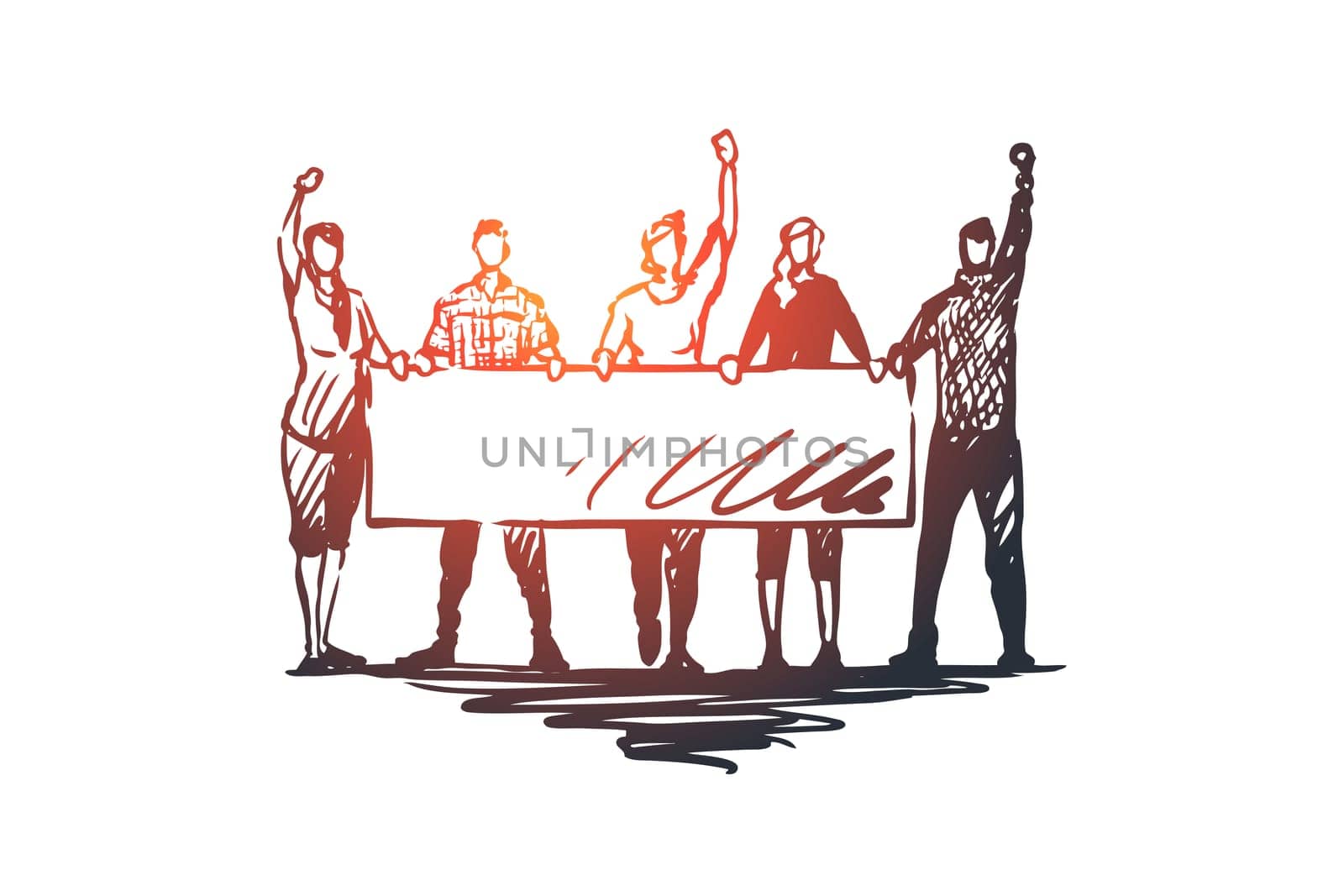 Demonstration, riots, rallies vector concept. People with signs in hands taking part in rally. Hand drawn sketch isolated illustration