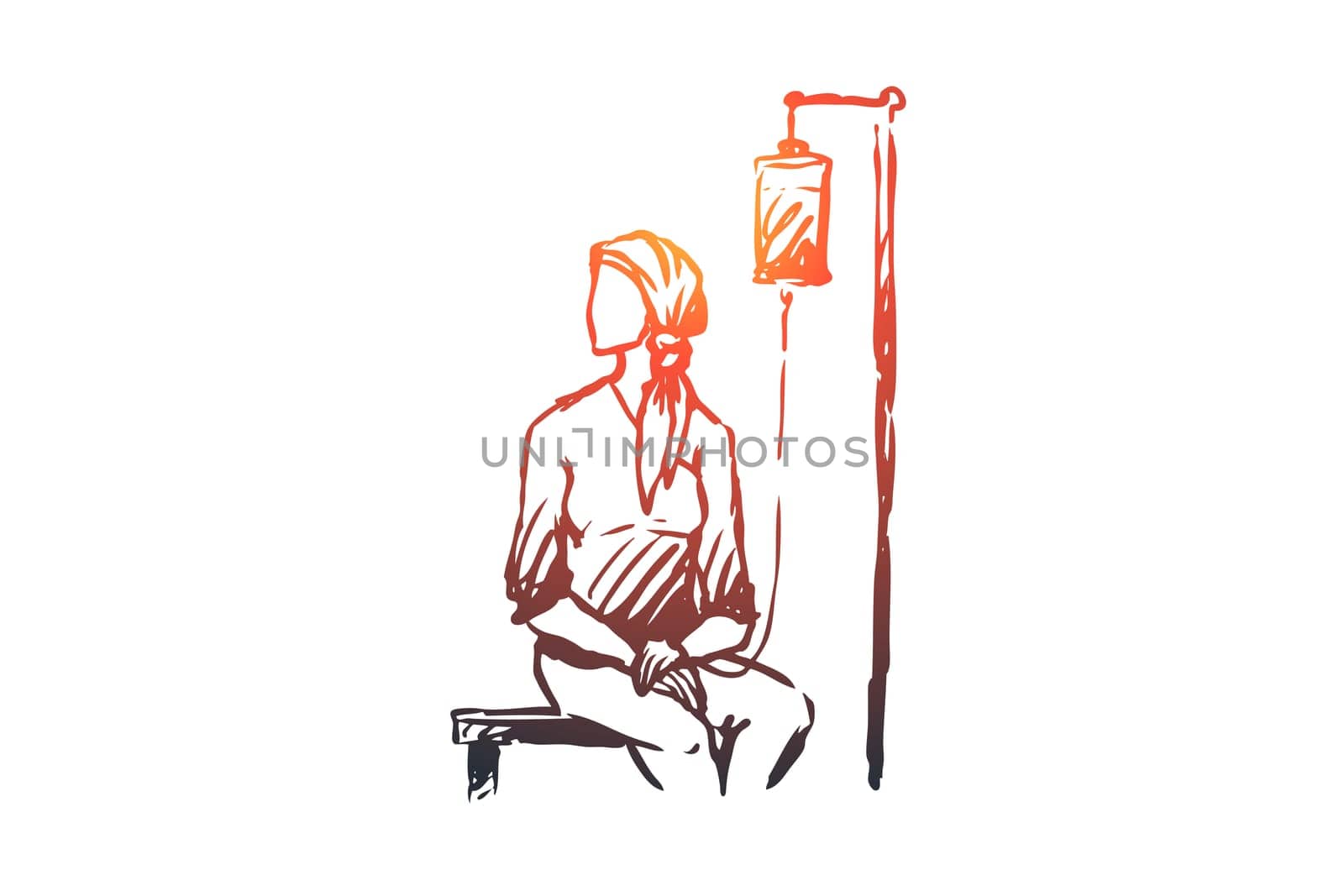 Oncology, disease vector concept. Woman in headscarf sitting under drip in hospital. Hand drawn sketch isolated illustration
