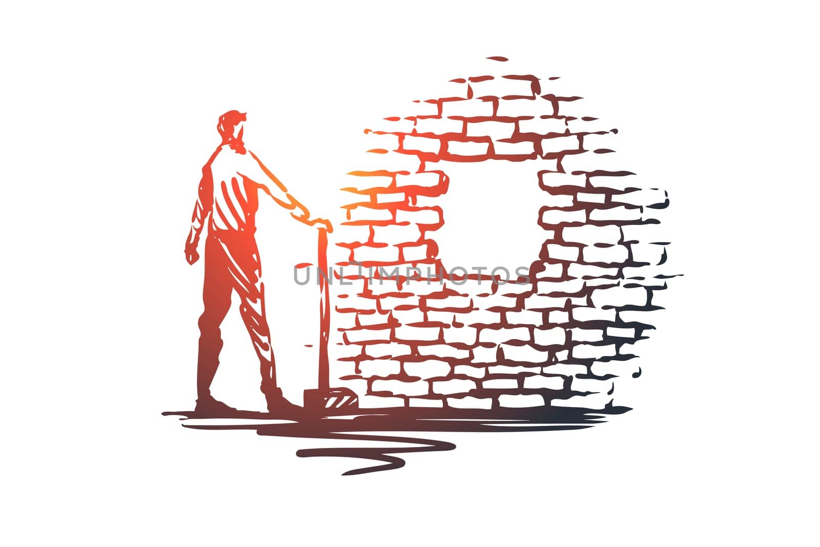 Overcoming, aim, goal, achievement vector concept. Man with showel standing and looking at hole in brick wall. Hand drawn sketch isolated illustration