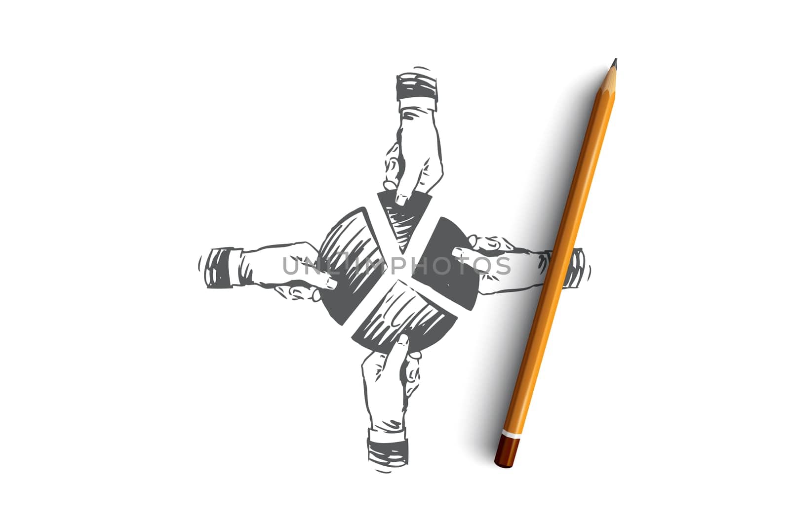 Co working, teamwork concept. People together hold the circular diagram in hand. Hand drawn sketch isolated illustration