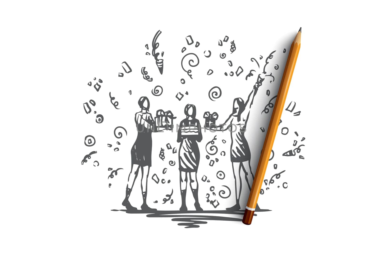 Present, gift, birthday party vector concept. Two girls holding and giving presents to birthday lady with cake in hands. Hand drawn sketch isolated illustration