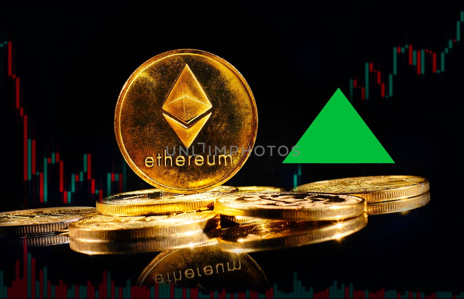 New cryptocurrency Ethereum ETH 2.0 go up in trading. Golden coin with Ethereum logo rise in bull market. Price of decentralized digital currency is growing up. Electronic money on black background