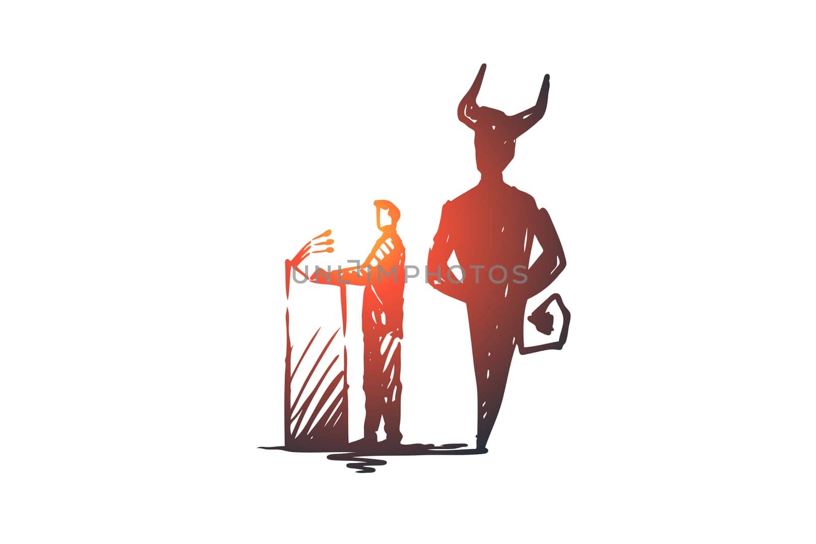 Politician, debate, elections vector concept. Politician speaking from podium with devil shadow behind. People with signs in hands taking part in rally. Hand drawn sketch isolated illustration