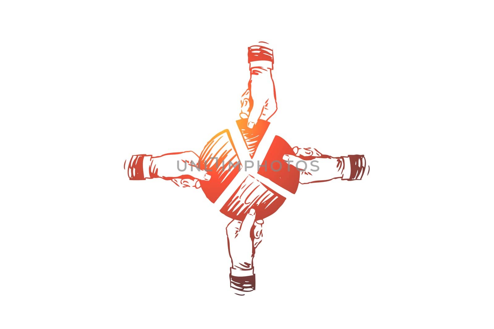 Co working, teamwork concept. People together hold the circular diagram in hand. Hand drawn sketch isolated illustration