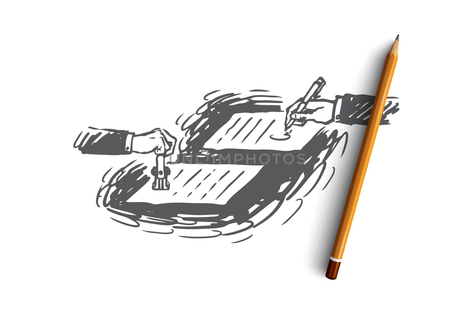Contract, agreement, notary concept. Two hands sign the contract on a table. Hand drawn sketch isolated illustration