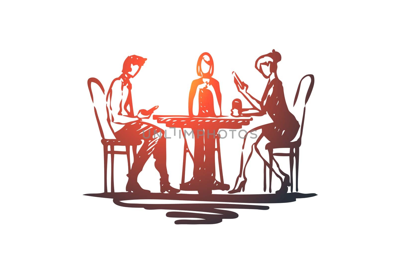 Colleagues, employees, friends vector concept. Three Business women sitting, drinking tea of coffee and looking at their phones during lunch time. Hand drawn sketch isolated illustration