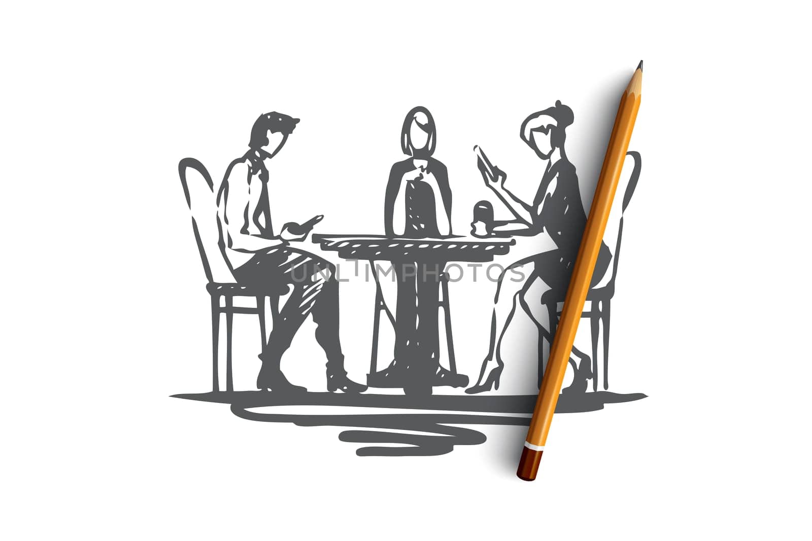 Colleagues, employees, friends vector concept. Three Business women sitting, drinking tea of coffee and looking at their phones during lunch time. Hand drawn sketch isolated illustration