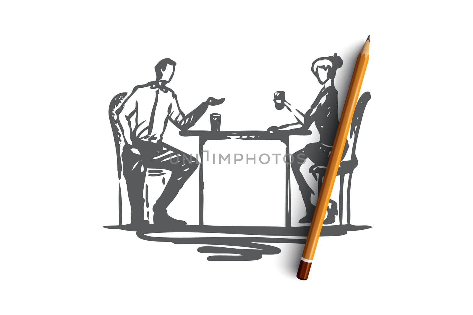 Colleagues, employees, friends vector concept. Businessman and woman sitting, drinking tea of coffee and chatting. Hand drawn sketch isolated illustration