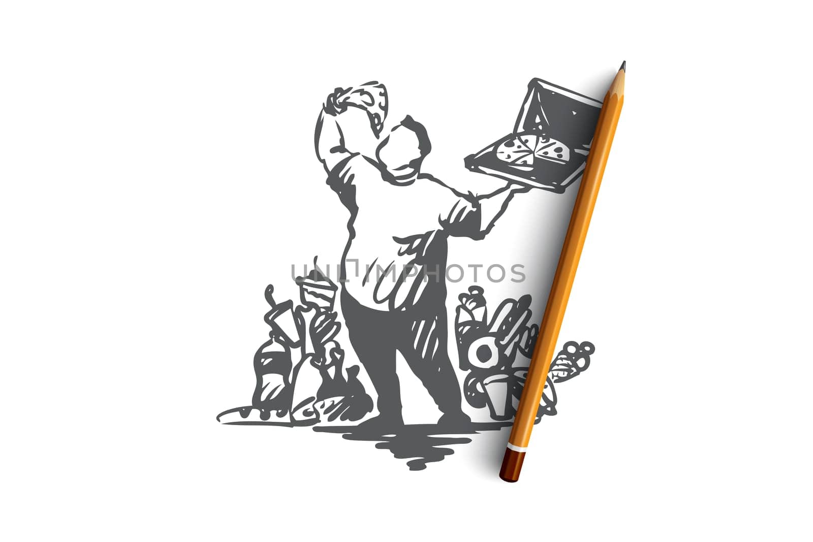 Overeating, fast food, obesity vector concept. Fat man surrounded by fast food items eating pizza from pack. Hand drawn sketch isolated illustration