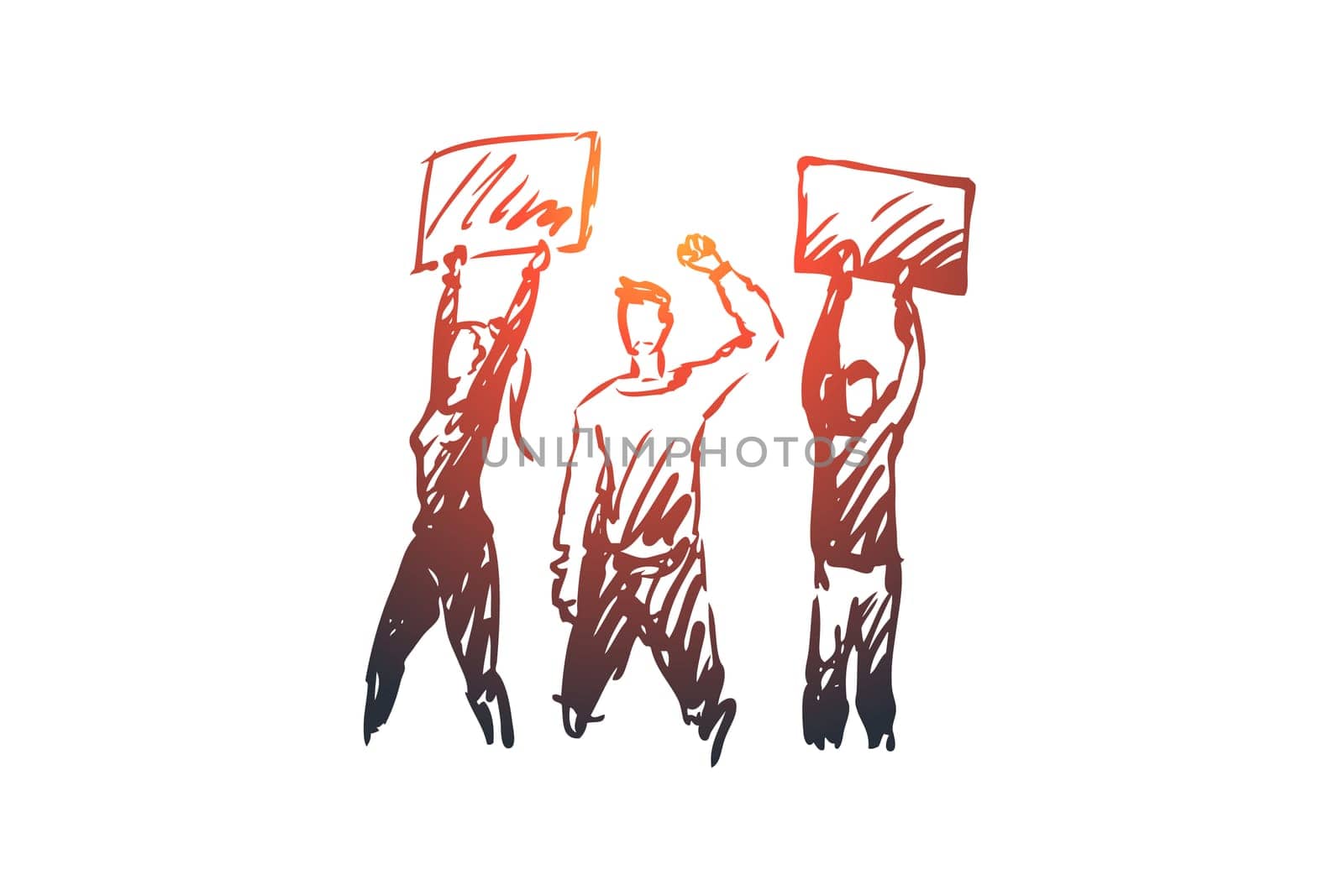 Demonstration, riots, rallies vector concept. People with signs in hands taking part in rally. Hand drawn sketch isolated illustration